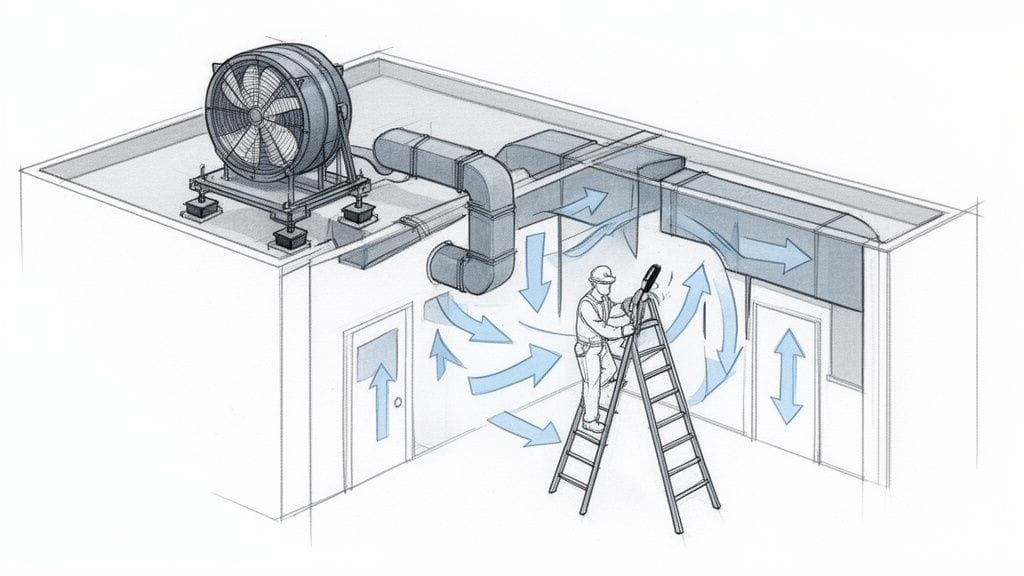 Sistema de ventilación industrial en azotea con conductos y circulación de aire, y un técnico en escalera.
