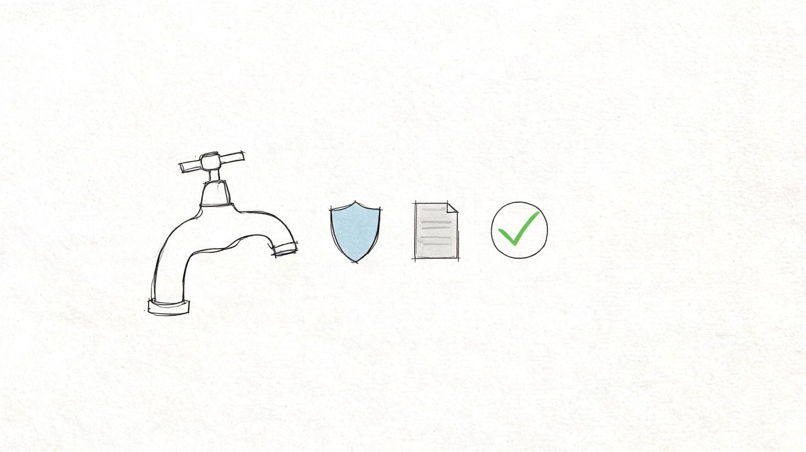 Iconos dibujados a mano de un grifo, un escudo de seguridad, un documento y una marca de verificación.