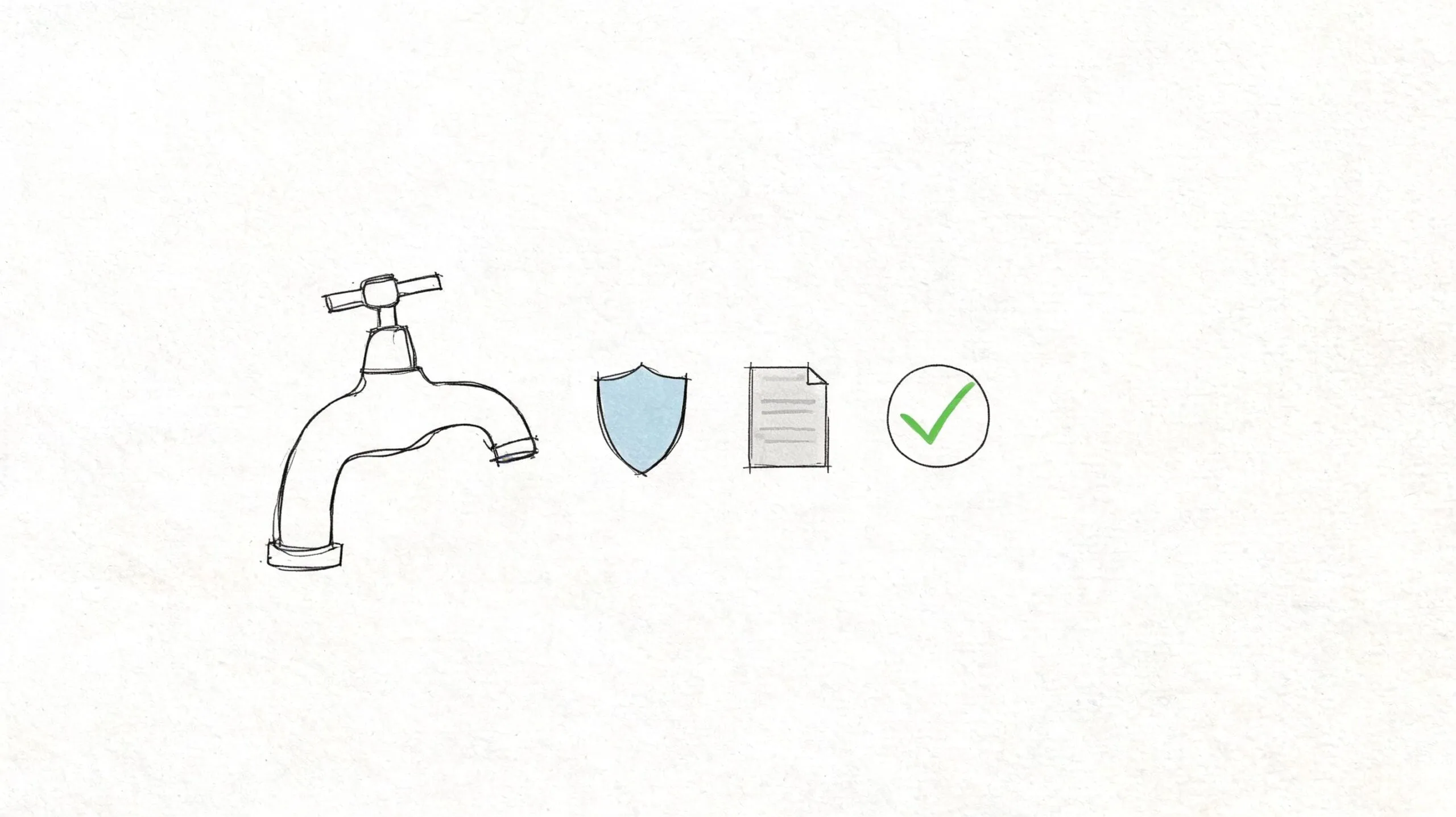 Iconos dibujados a mano de un grifo, un escudo de seguridad, un documento y una marca de verificación.