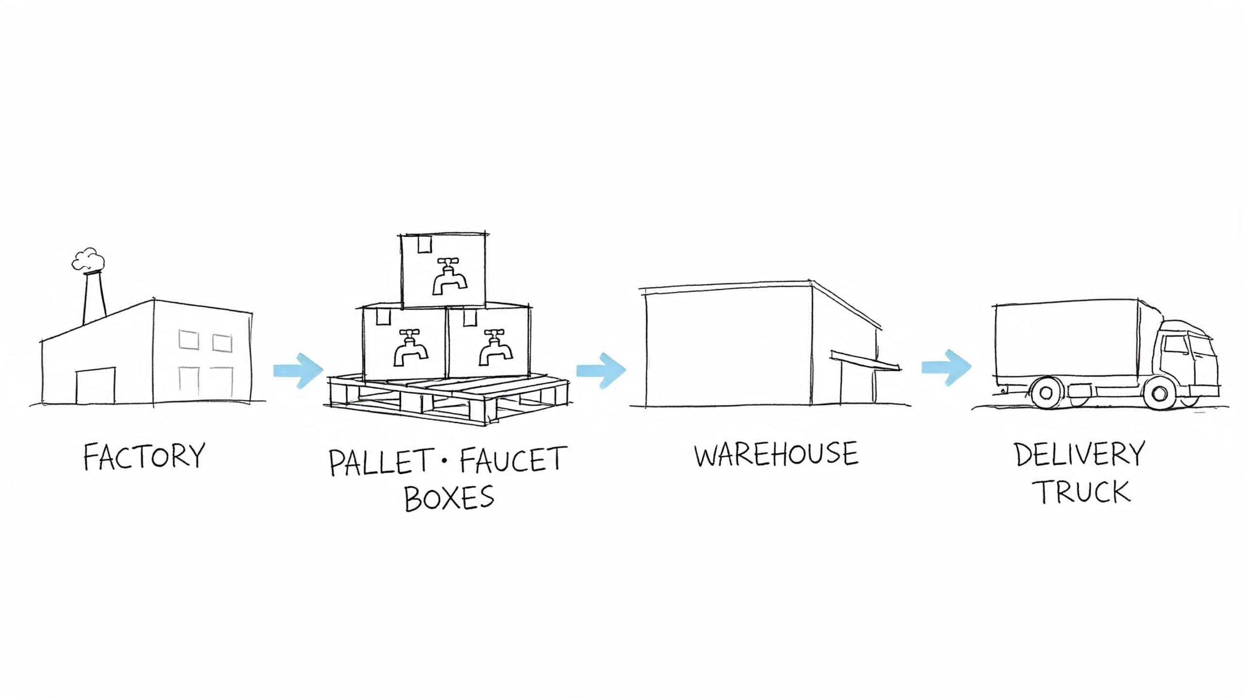 Representación esquemática del proceso de distribución de grifos, desde la fábrica hasta la entrega final en camión.