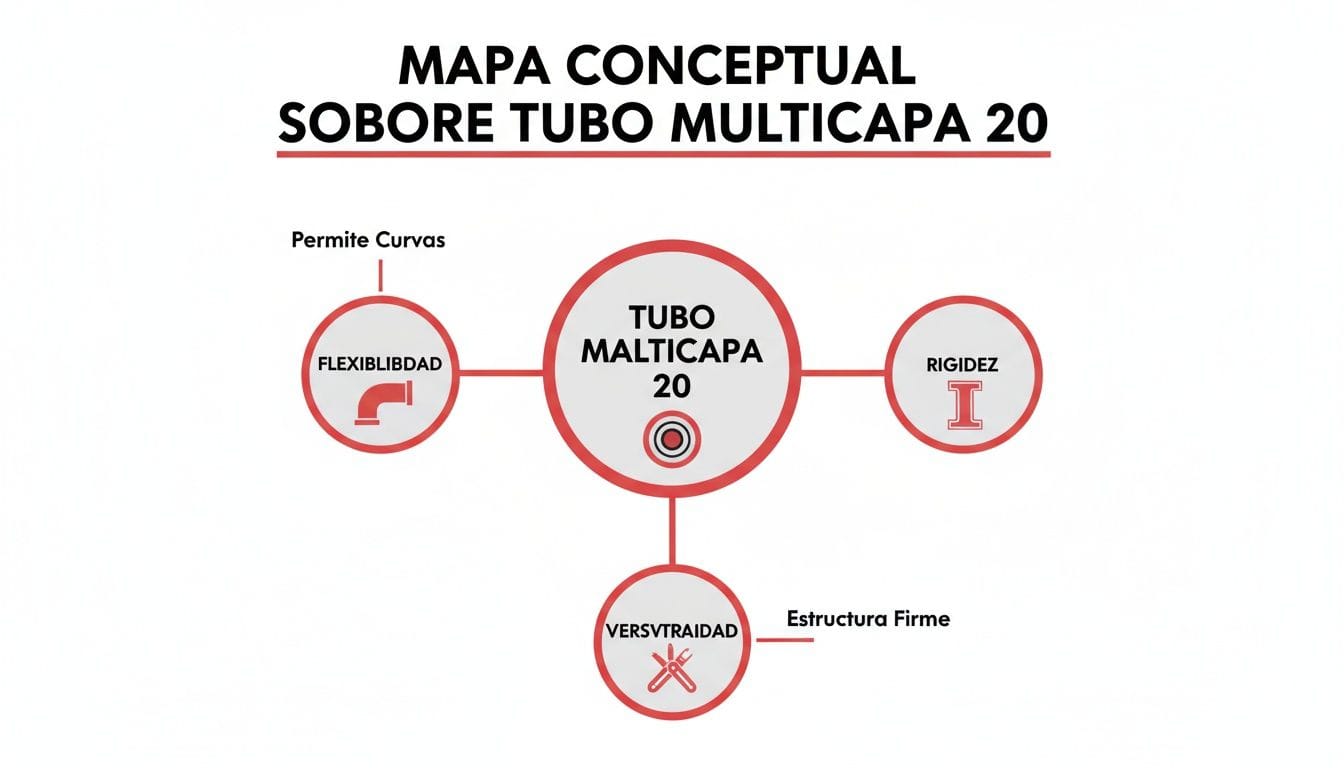 Mapa conceptual detallando las propiedades del Tubo Multicapa 20: flexibilidad, rigidez y versatilidad.