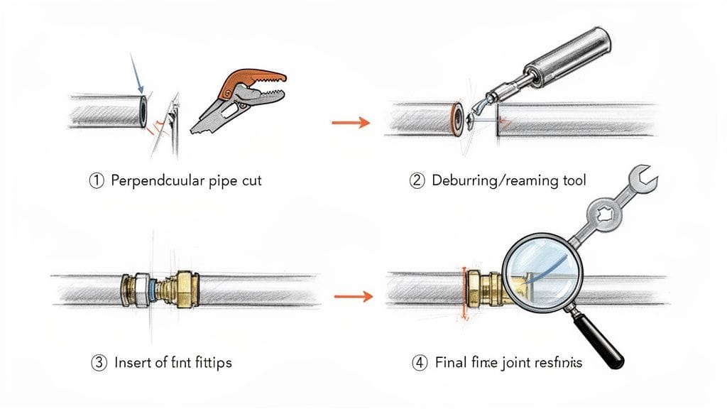 Proceso de conexión de tubería multicapa: corte perpendicular, desbarbado, inserción de accesorios y ajuste final.