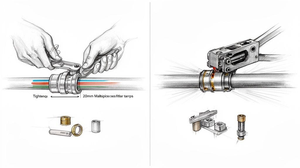 Dos ilustraciones muestran métodos de conexión para tubos multicapa: ajuste manual con llave y prensado mecánico, con detalles de las piezas.