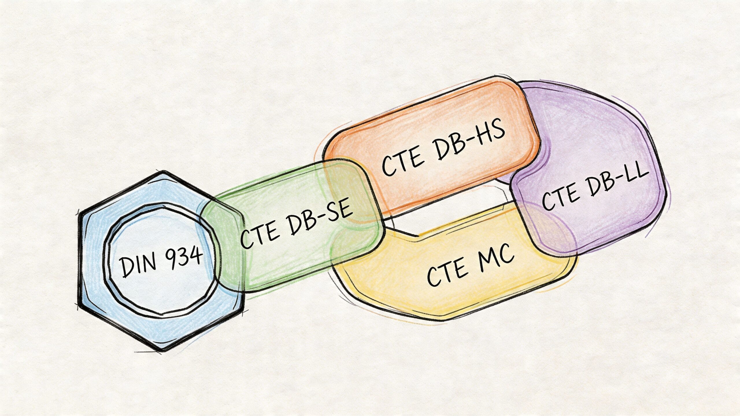 Diagrama conceptual que conecta una tuerca DIN 934 con varios componentes técnicos etiquetados mediante un esquema visual.