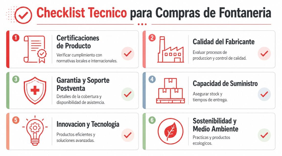 Lista de verificación técnica con seis puntos clave esenciales para realizar compras de materiales de fontanería profesional.