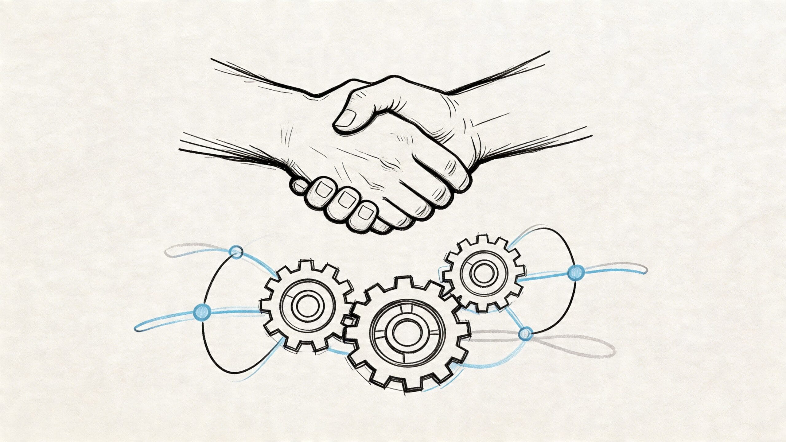 Un dibujo a mano alzada de un apretón de manos sobre engranajes industriales conectados por líneas digitales.