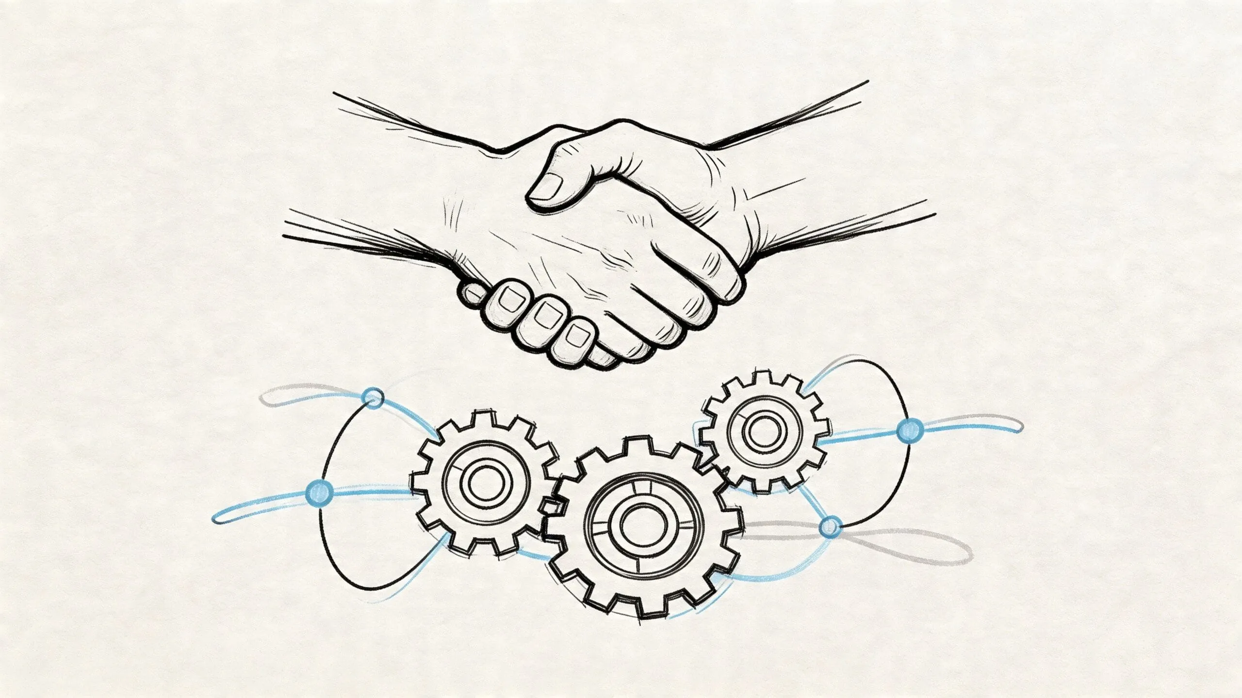 Un dibujo a mano alzada de un apretón de manos sobre engranajes industriales conectados por líneas digitales.