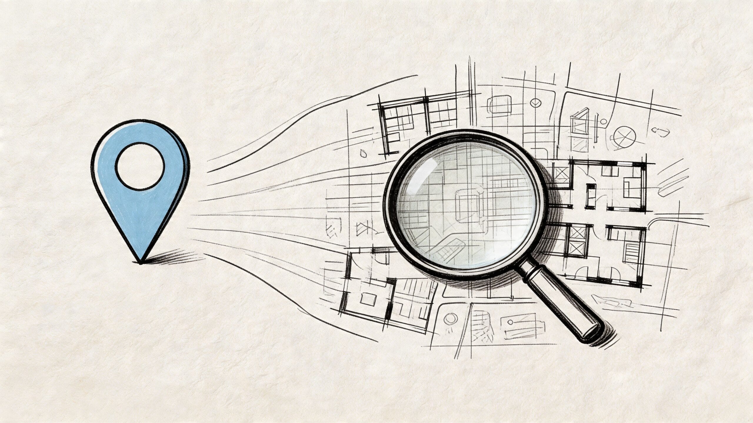 Ilustración de un marcador de ubicación azul señalando un plano arquitectónico visto a través de una lupa.