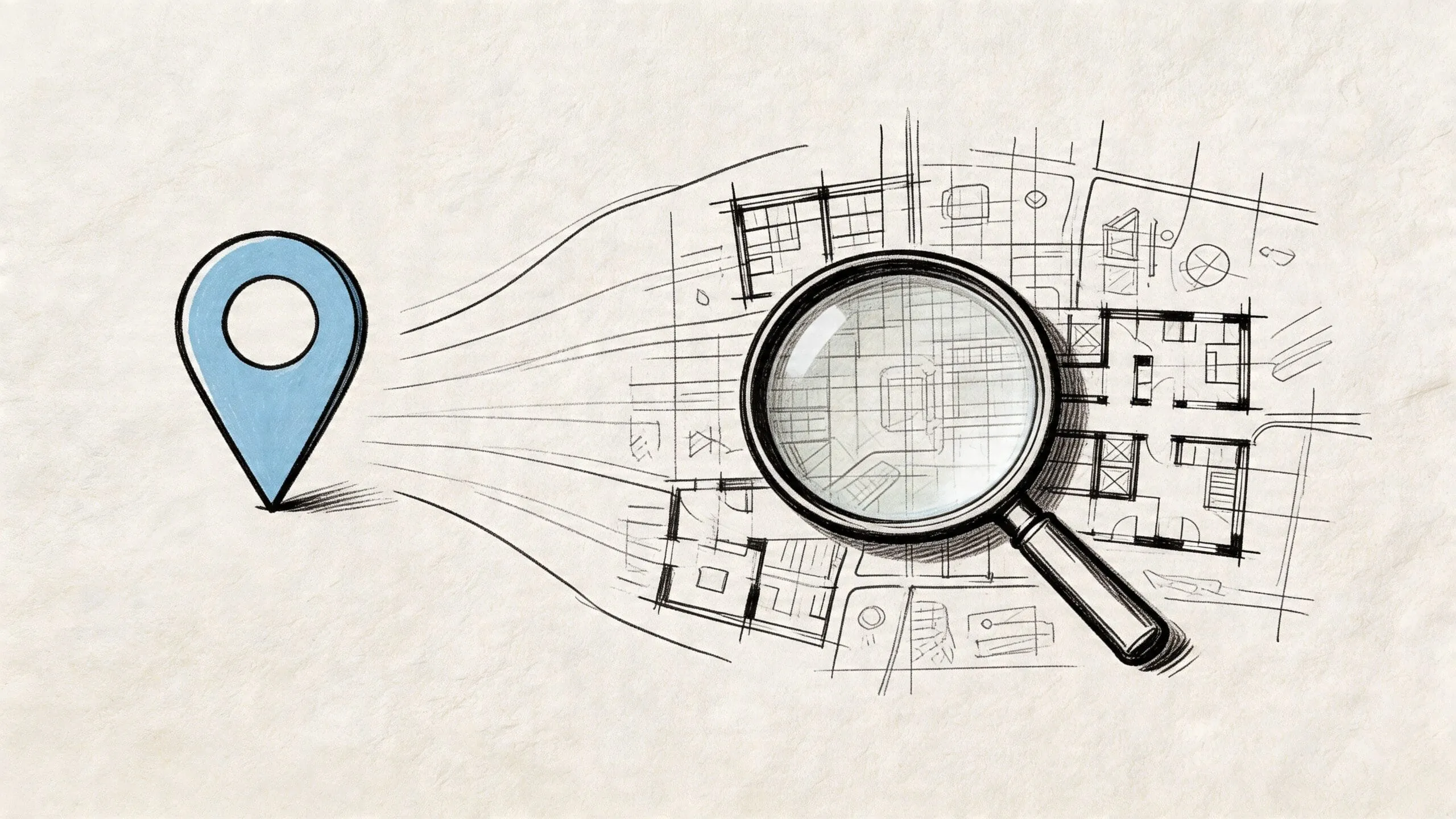 Ilustración de un marcador de ubicación azul señalando un plano arquitectónico visto a través de una lupa.