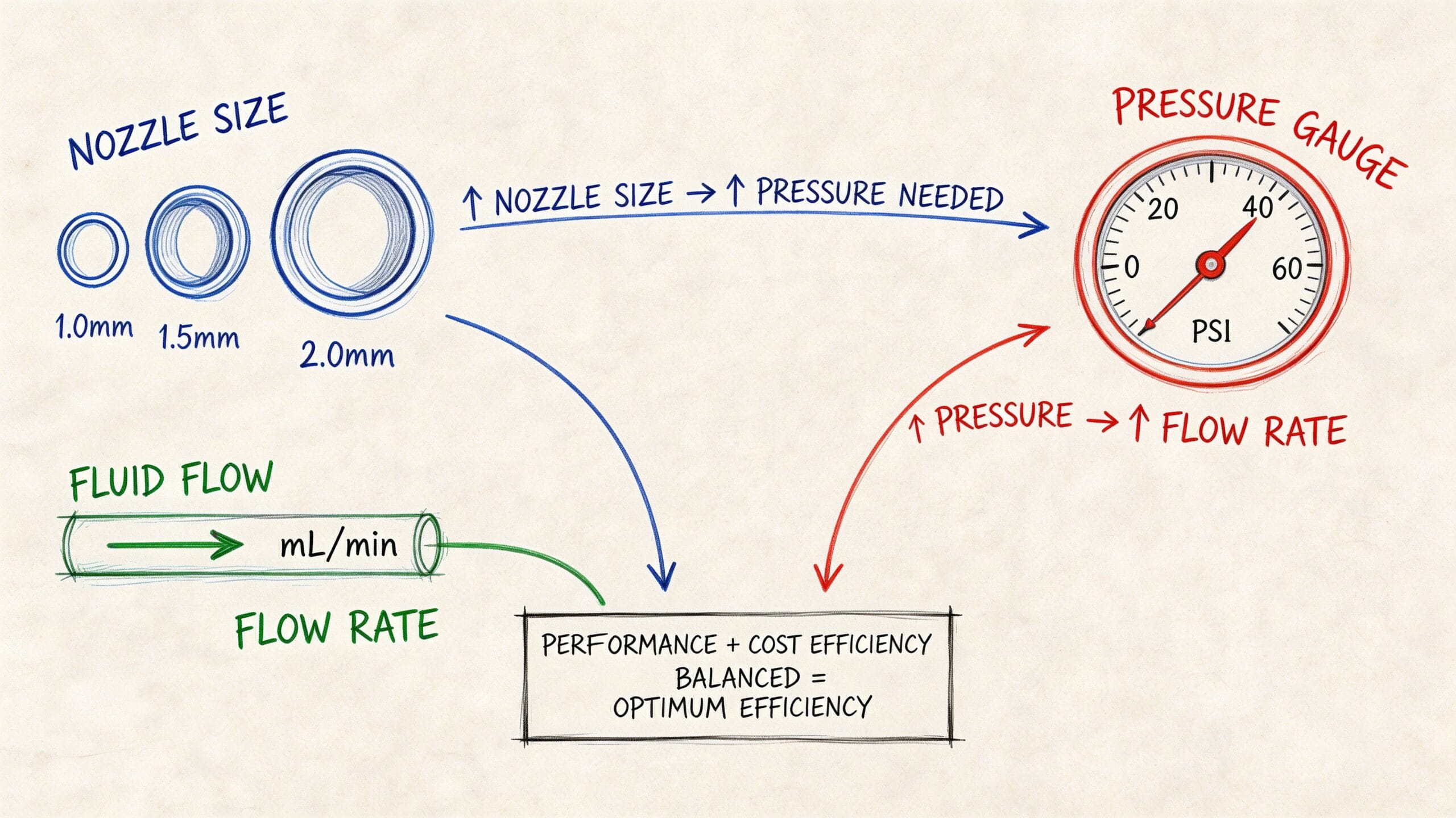 Diagrama explicativo que muestra la relación entre el tamaño de boquilla, la presión y el flujo de pintura.