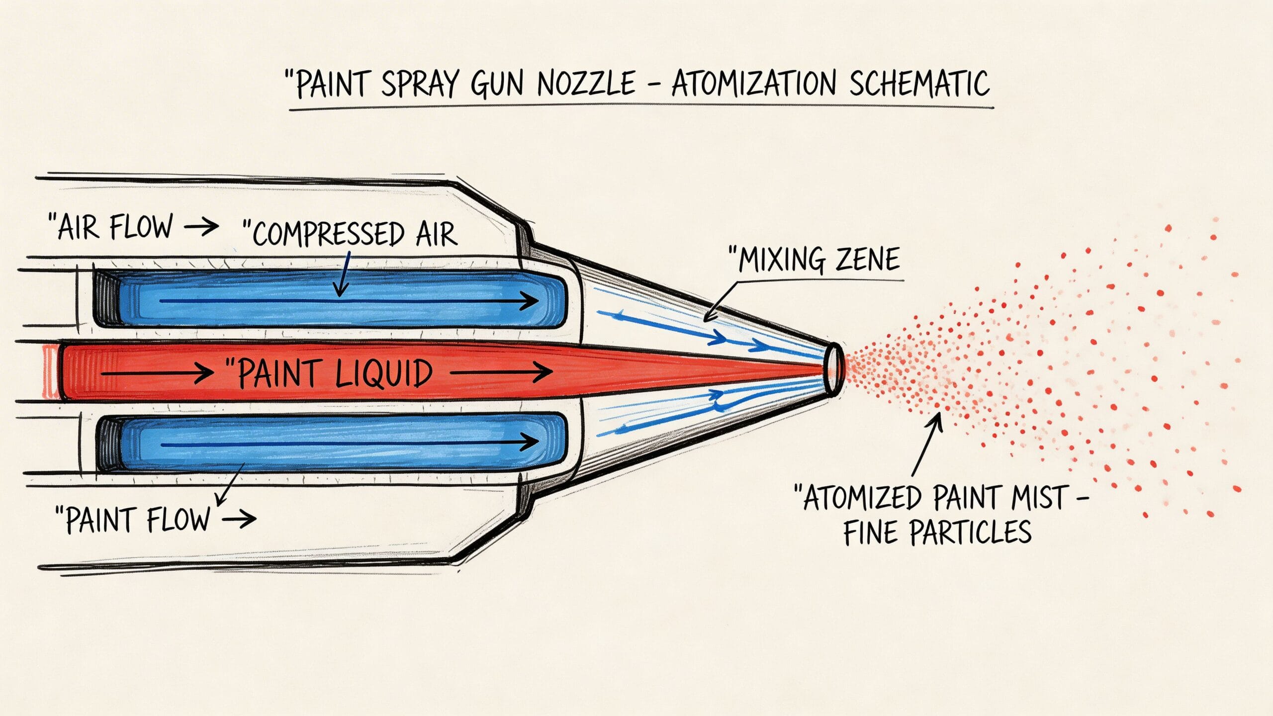 Esquema ilustrado que muestra el funcionamiento de una boquilla de pistola de pintura mediante atomización de aire comprimido.