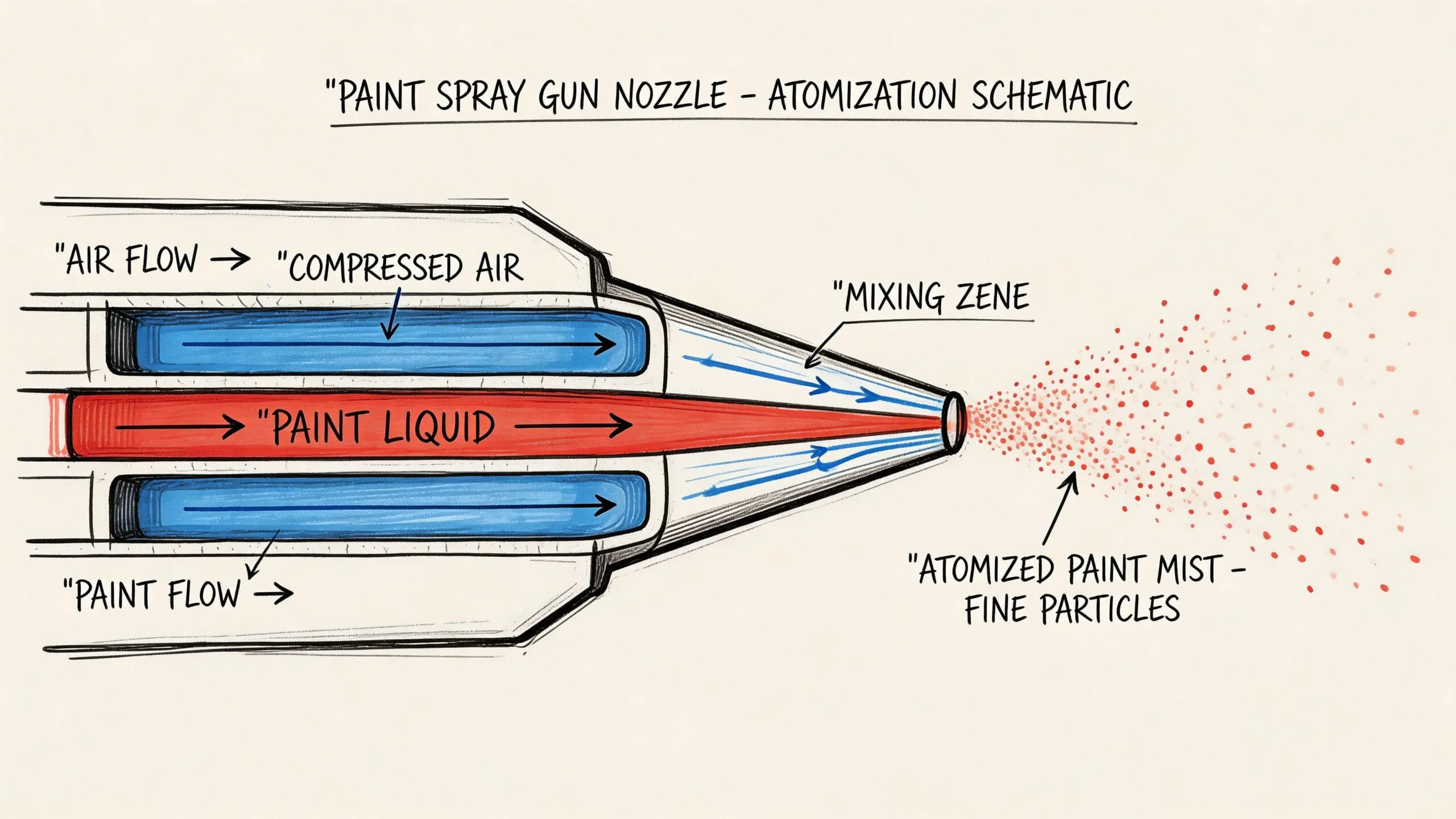Esquema ilustrado que muestra el funcionamiento de una boquilla de pistola de pintura mediante atomización de aire comprimido.