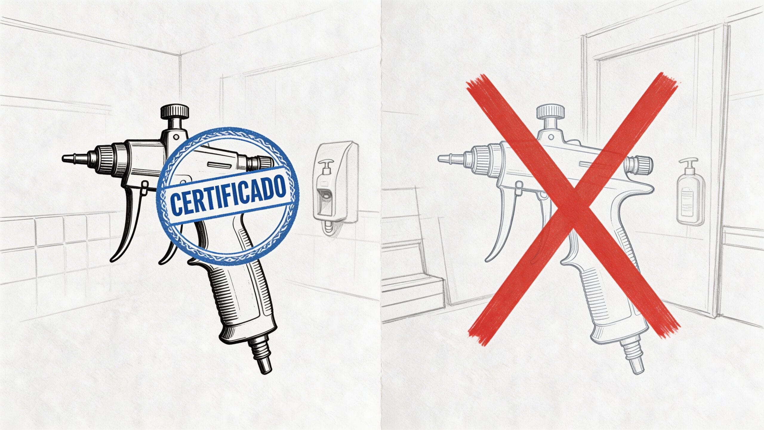 Comparación visual entre una pistola de pintura profesional certificada y una opción sin certificación o no permitida.