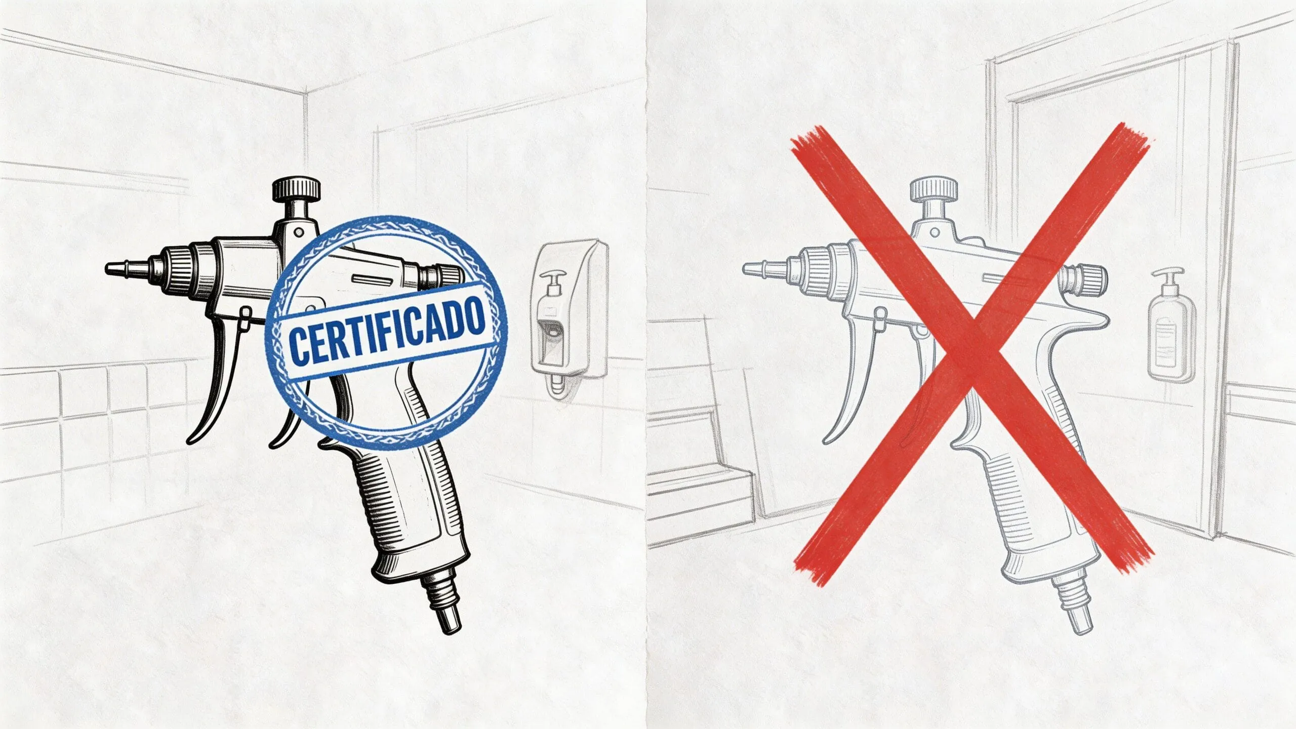 Comparación visual entre una pistola de pintura profesional certificada y una opción sin certificación o no permitida.