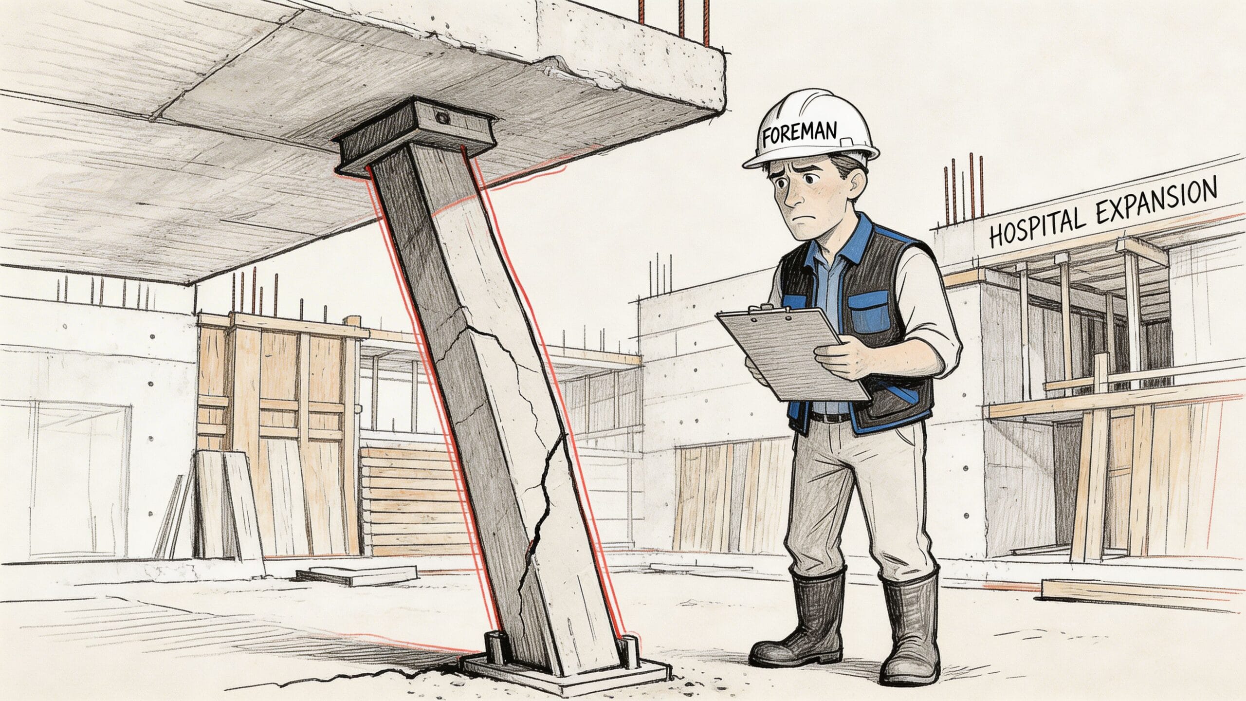 Un capataz de obra preocupado observa un puntal estructural agrietado en una construcción de hospital en expansión.