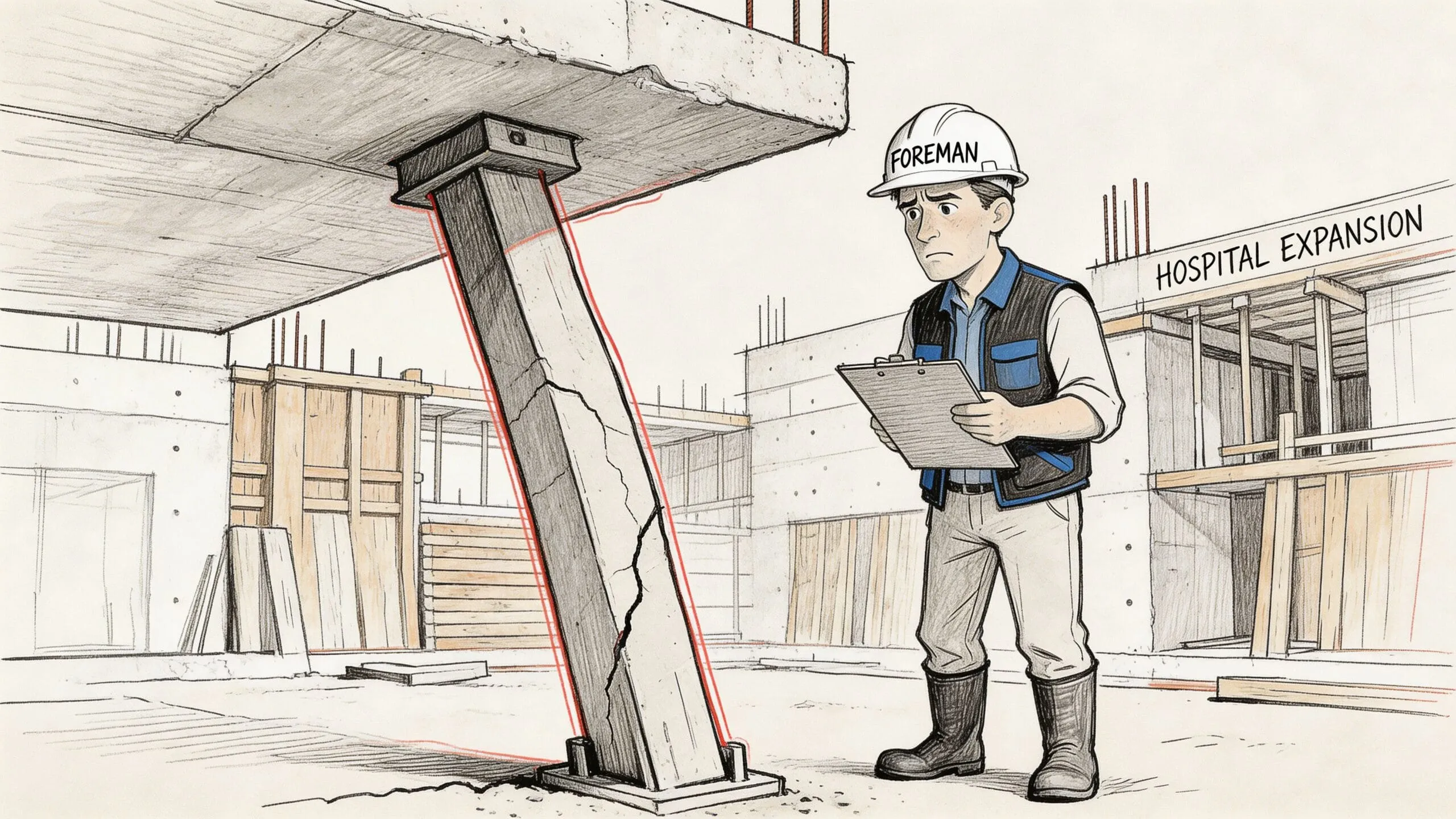 Un capataz de obra preocupado observa un puntal estructural agrietado en una construcción de hospital en expansión.