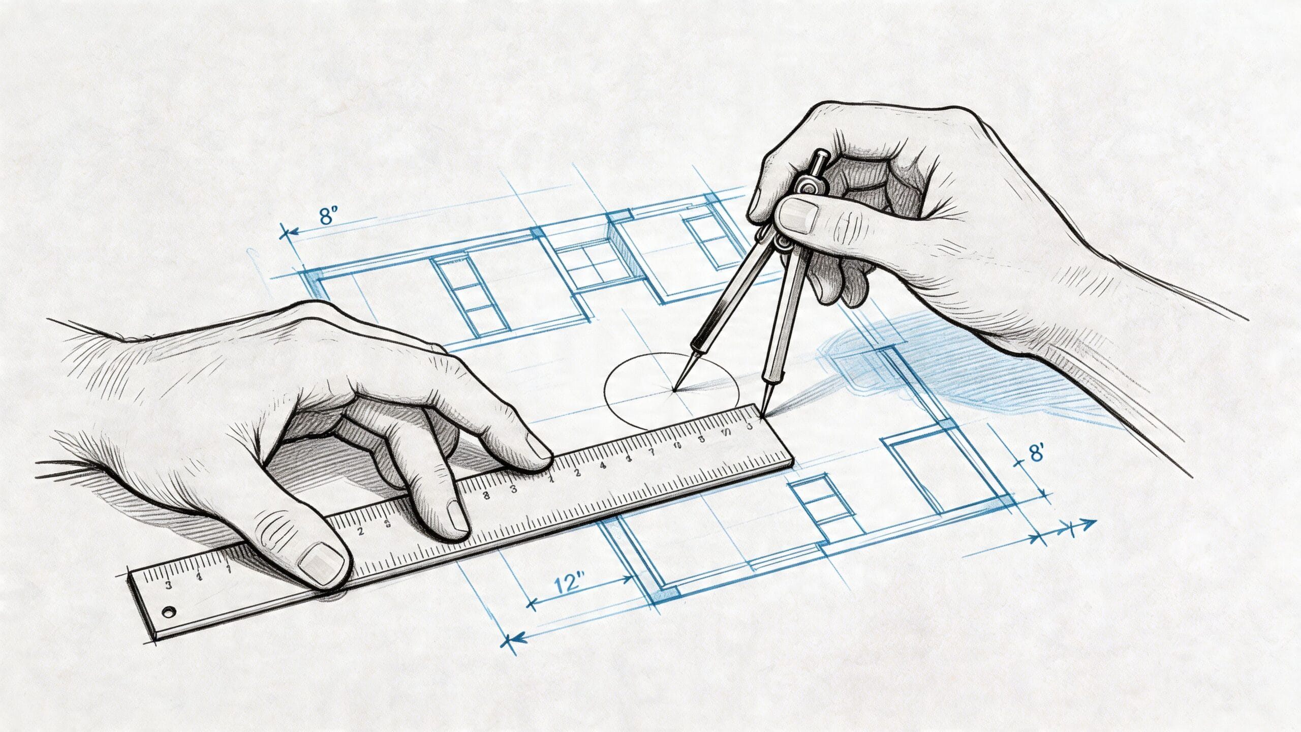 Manos trabajando sobre un plano arquitectónico con un compás y una regla de metal detallada.