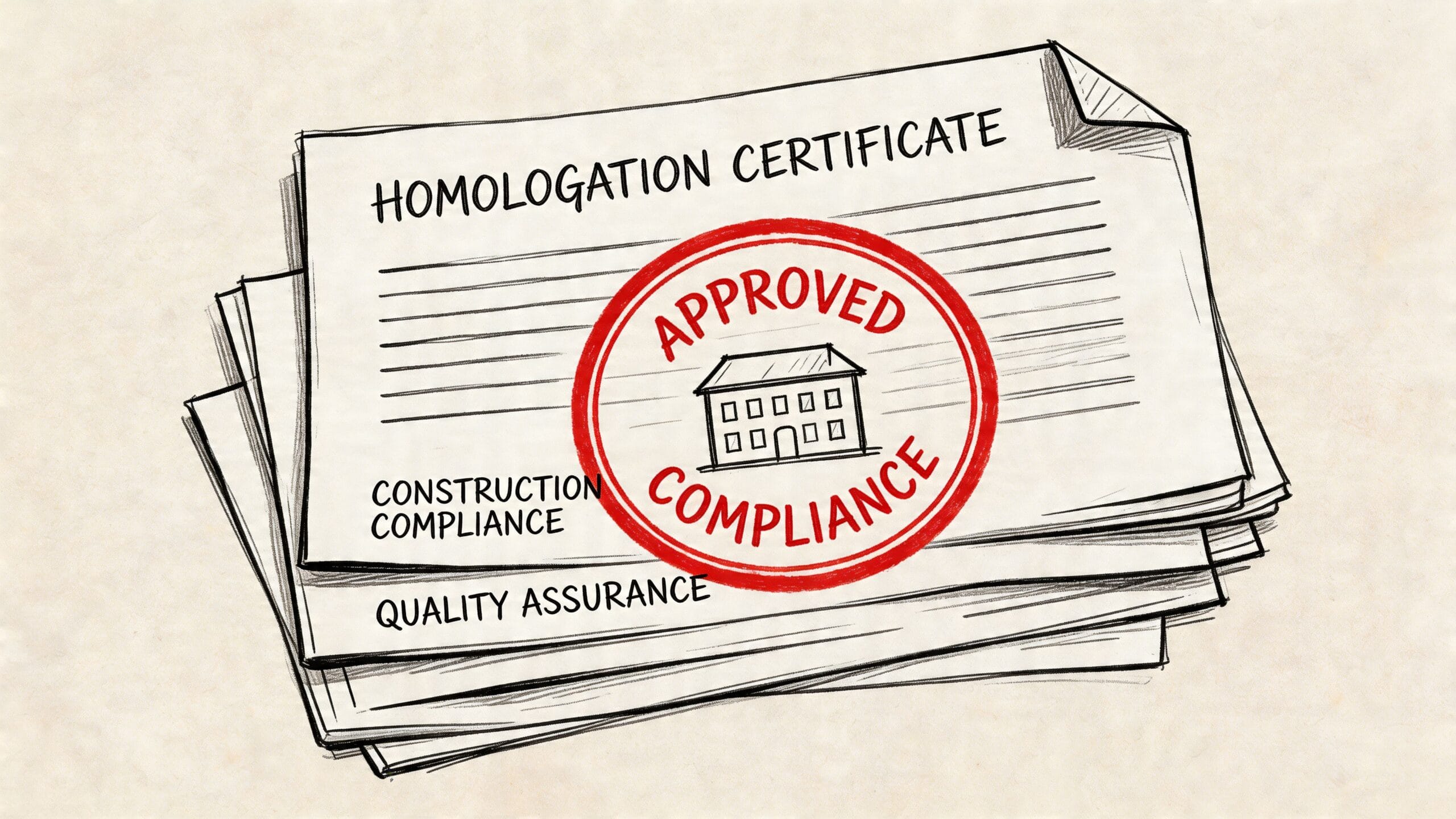 Un certificado de homologación para la construcción con un sello rojo de aprobación y cumplimiento normativo.