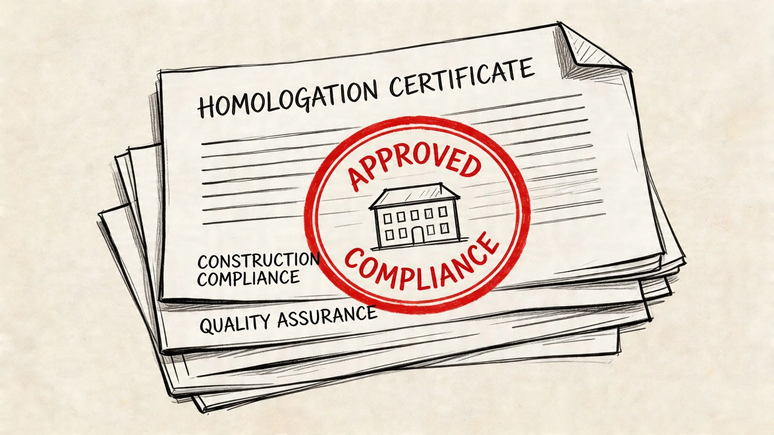 Un certificado de homologación para la construcción con un sello rojo de aprobación y cumplimiento normativo.