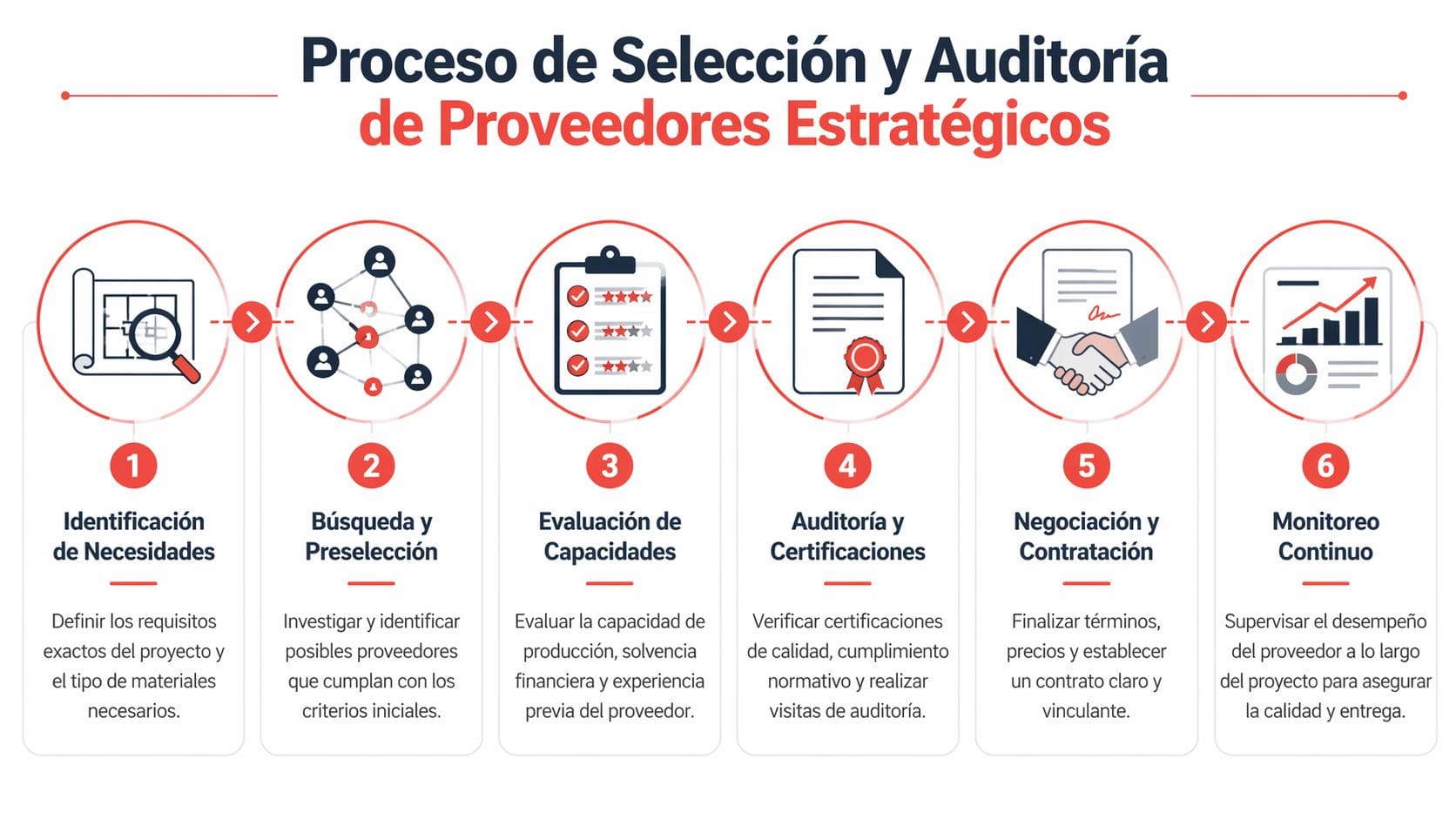 Diagrama de seis pasos que ilustra el proceso profesional de selección y auditoría de proveedores estratégicos empresariales.