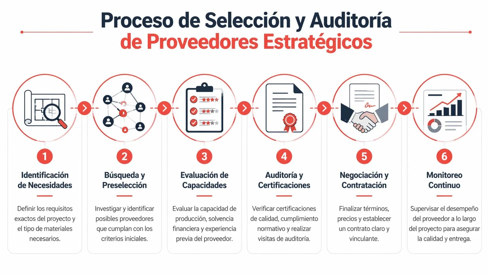 Diagrama de seis pasos que ilustra el proceso profesional de selección y auditoría de proveedores estratégicos empresariales.