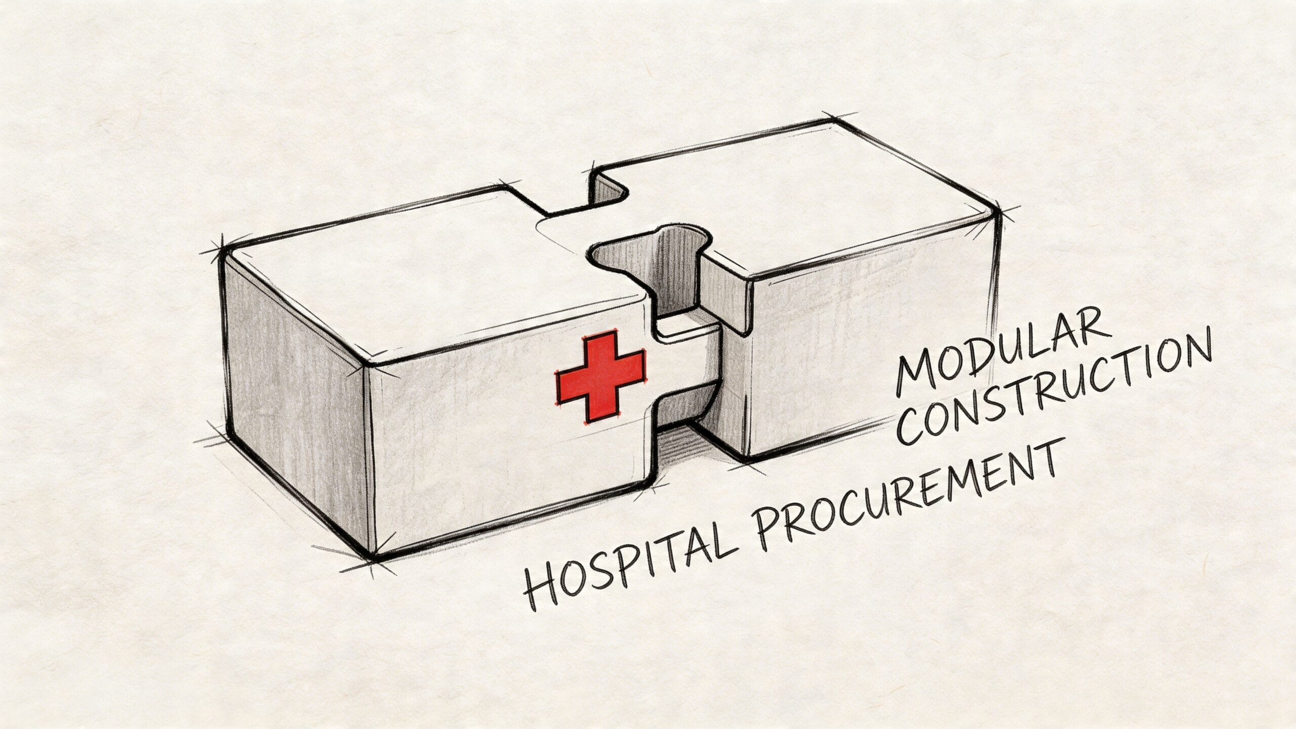 Representación artística de dos piezas de rompecabezas arquitectónicas unidas que simbolizan la construcción modular en el sector hospitalario.