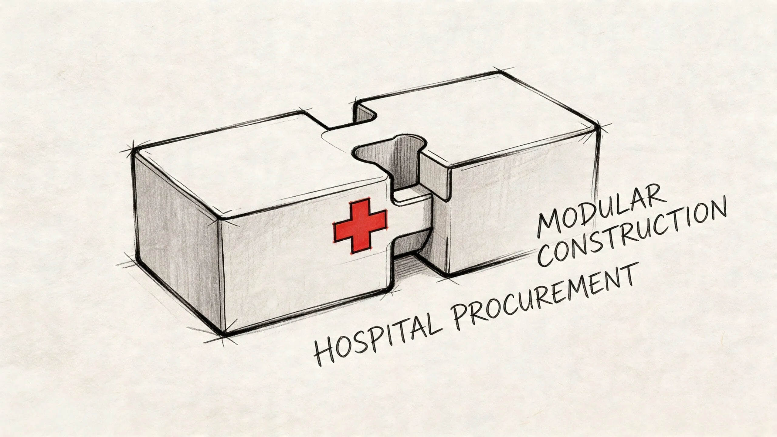 Representación artística de dos piezas de rompecabezas arquitectónicas unidas que simbolizan la construcción modular en el sector hospitalario.