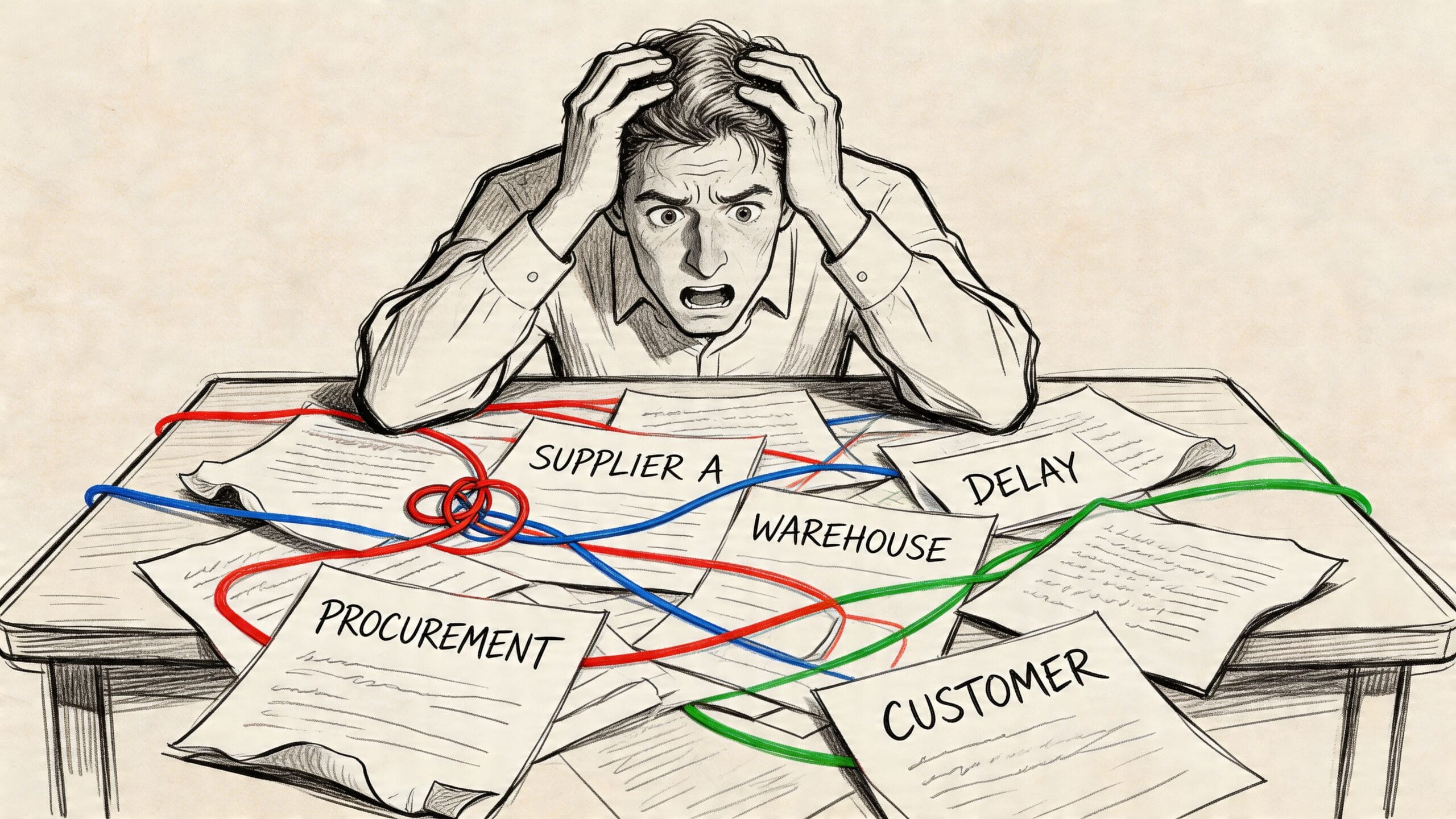 Ilustración de un hombre estresado con documentos desordenados y cables entrelazados en su escritorio de oficina.