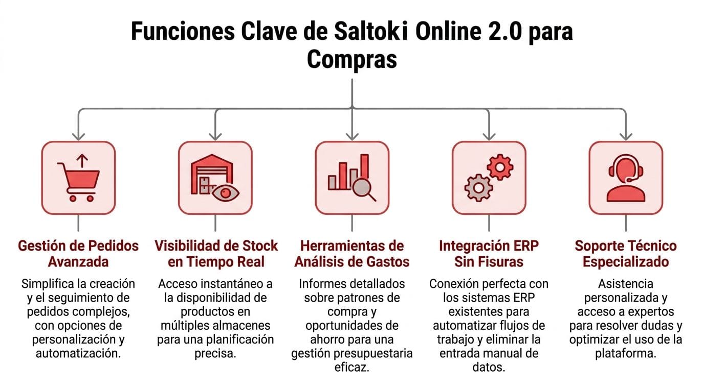 Diagrama de funciones clave para compras en la plataforma digital Saltoki Online 2.0 y su gestión eficiente.