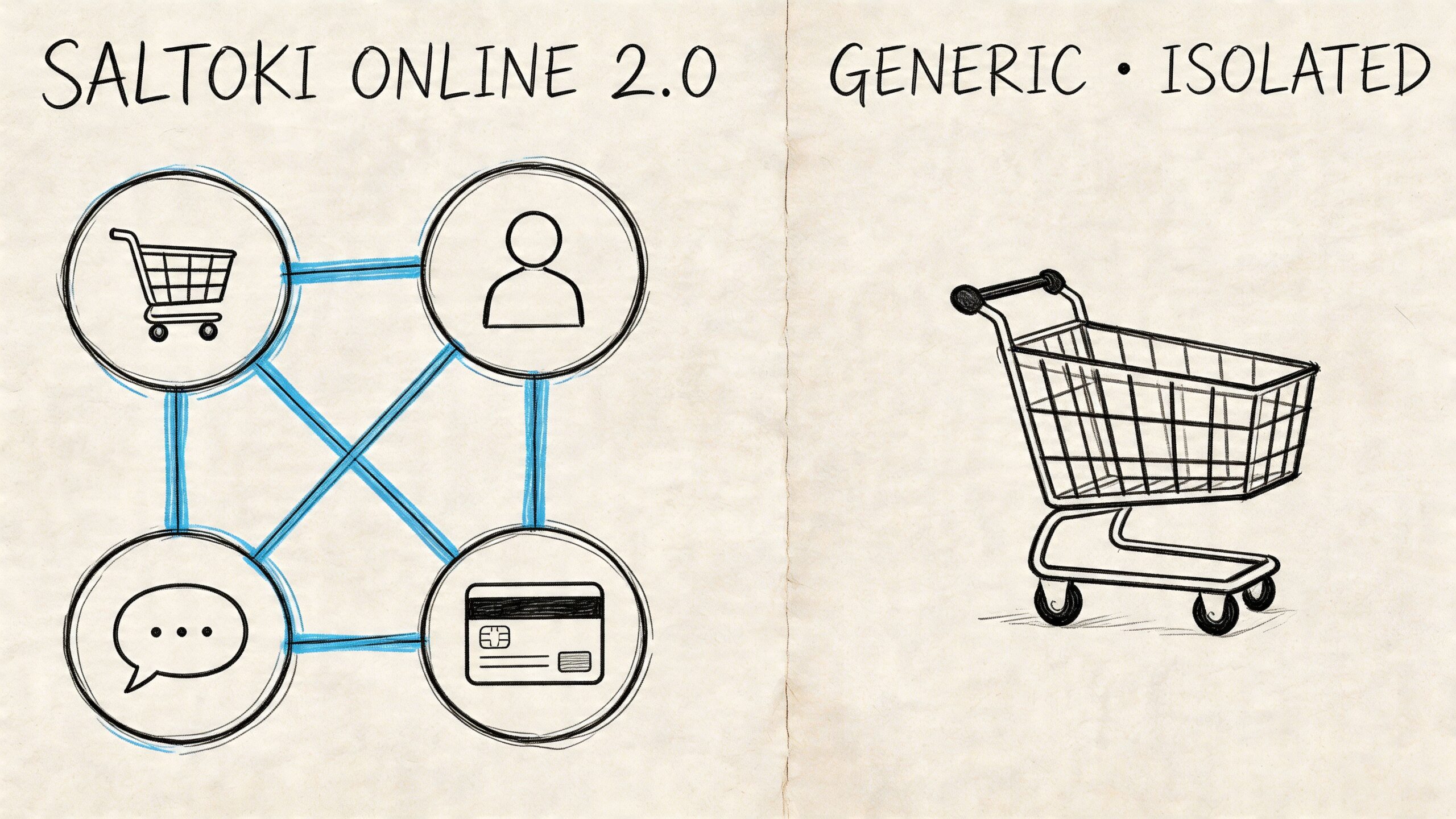 Comparativa visual entre el sistema interconectado de Saltoki Online 2.0 y un carrito de compras genérico aislado.