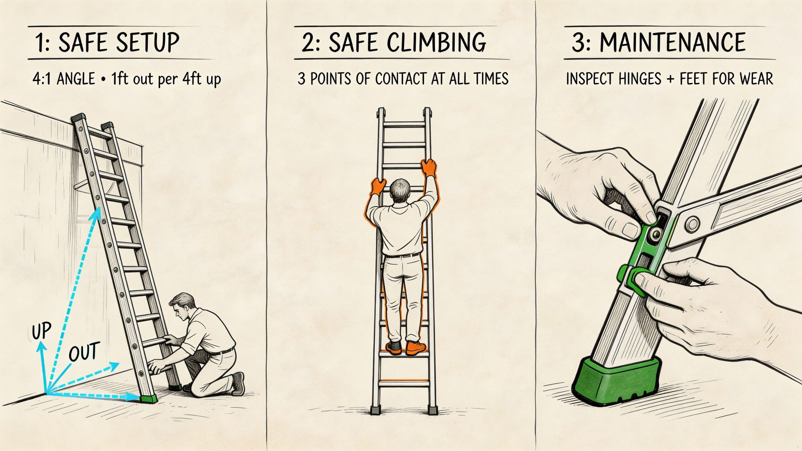 Una guía ilustrada que muestra tres pasos de seguridad para el uso correcto de una escalera portátil.