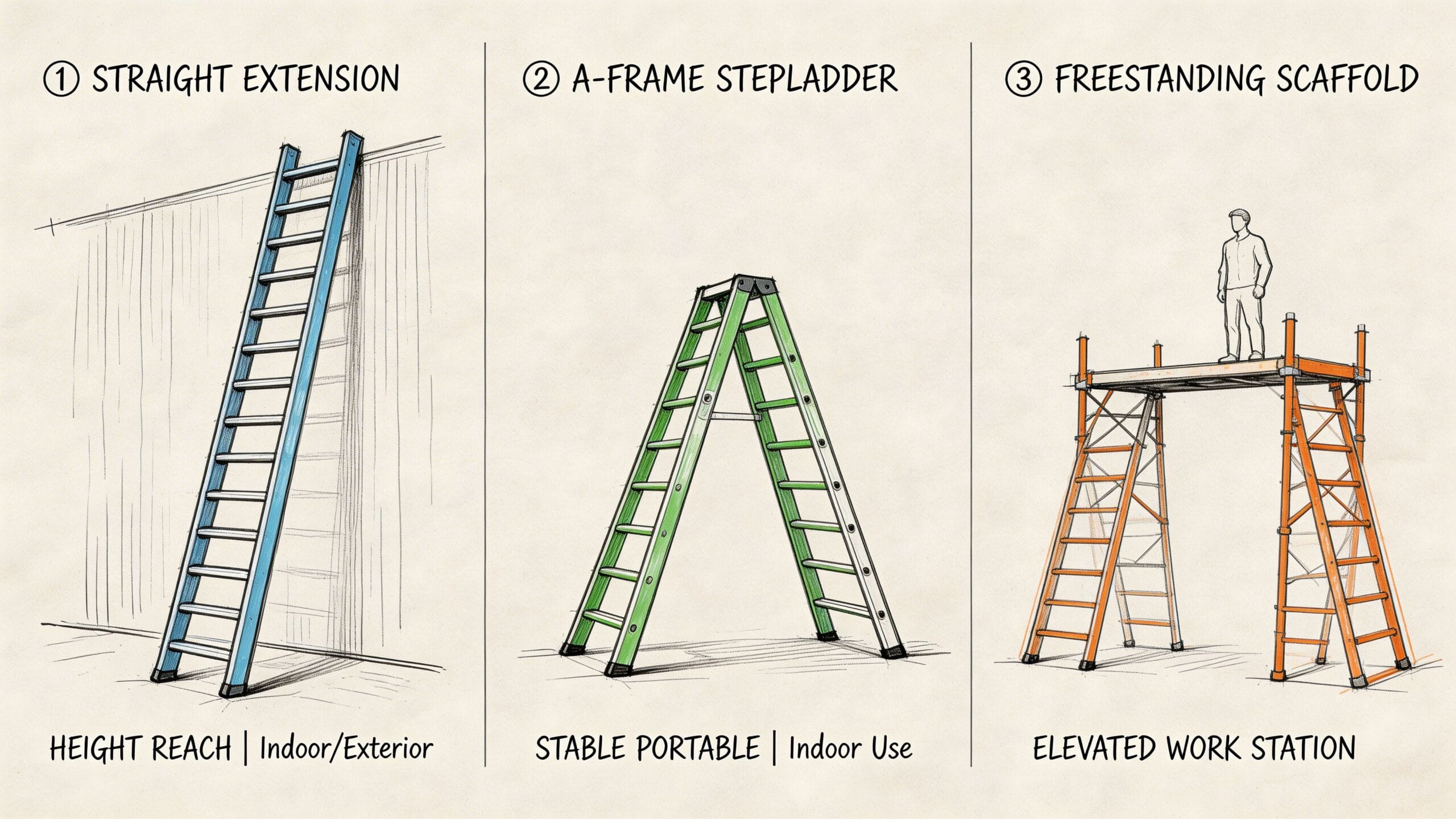 Una ilustración técnica mostrando tres tipos de equipos de acceso: escalera extensible, escalera de tijera y andamio portátil.