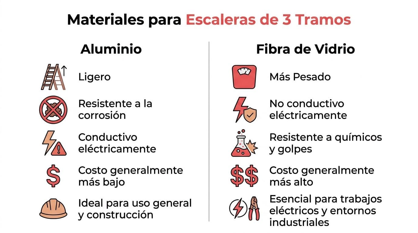 Comparativa de materiales para escaleras de tres tramos destacando las diferencias entre el aluminio y la fibra.