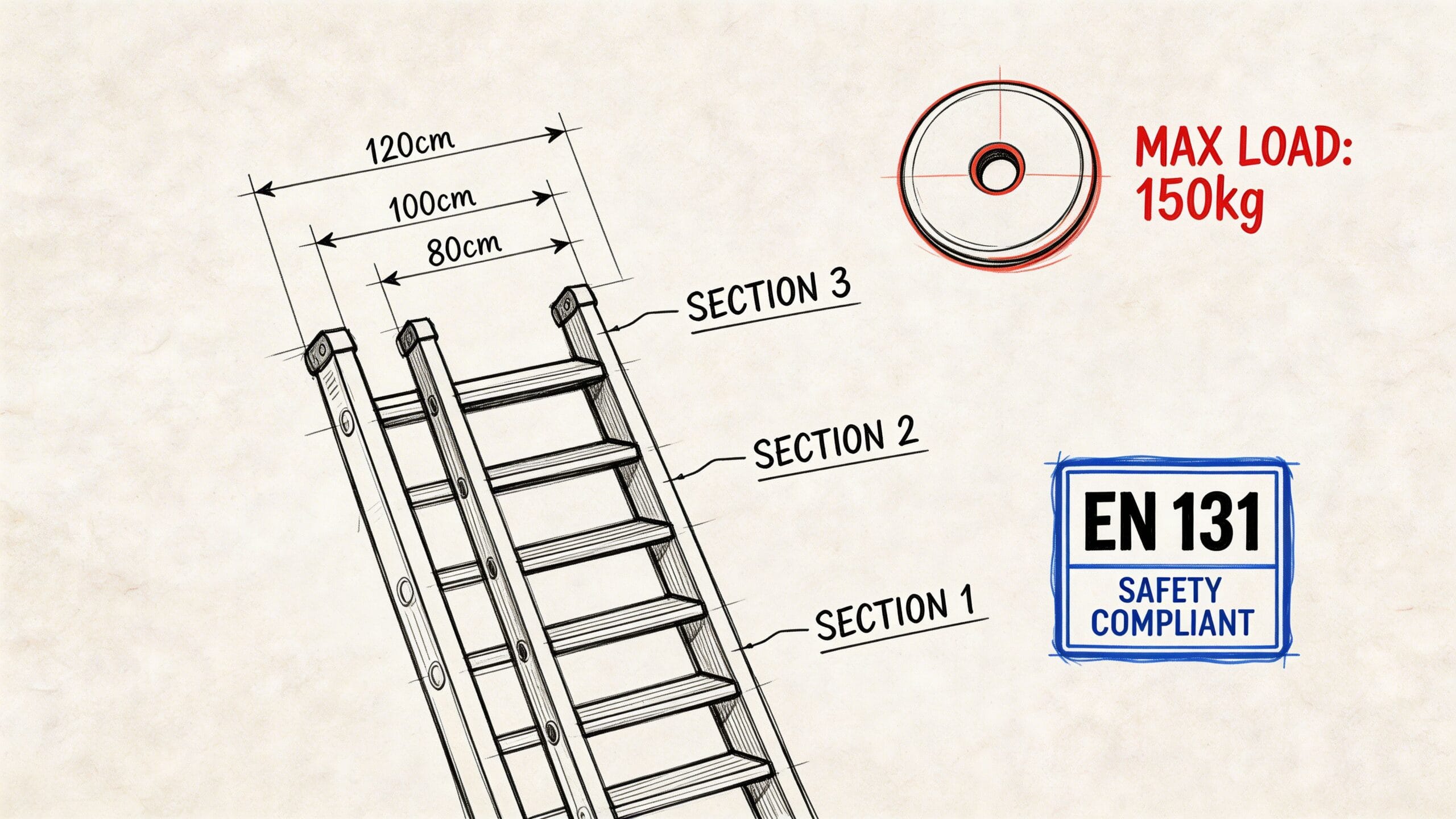 Dibujo técnico de una escalera de tres tramos con especificaciones de medidas y certificación de seguridad.