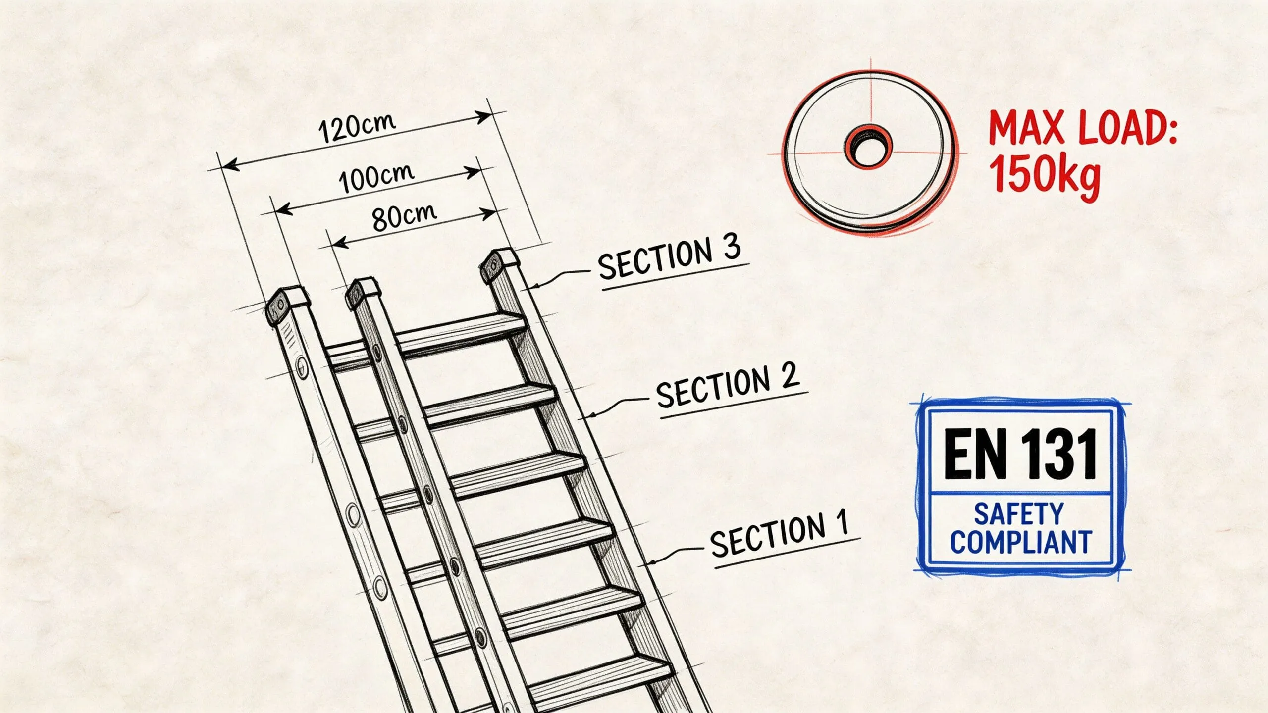 Dibujo técnico de una escalera de tres tramos con especificaciones de medidas y certificación de seguridad.