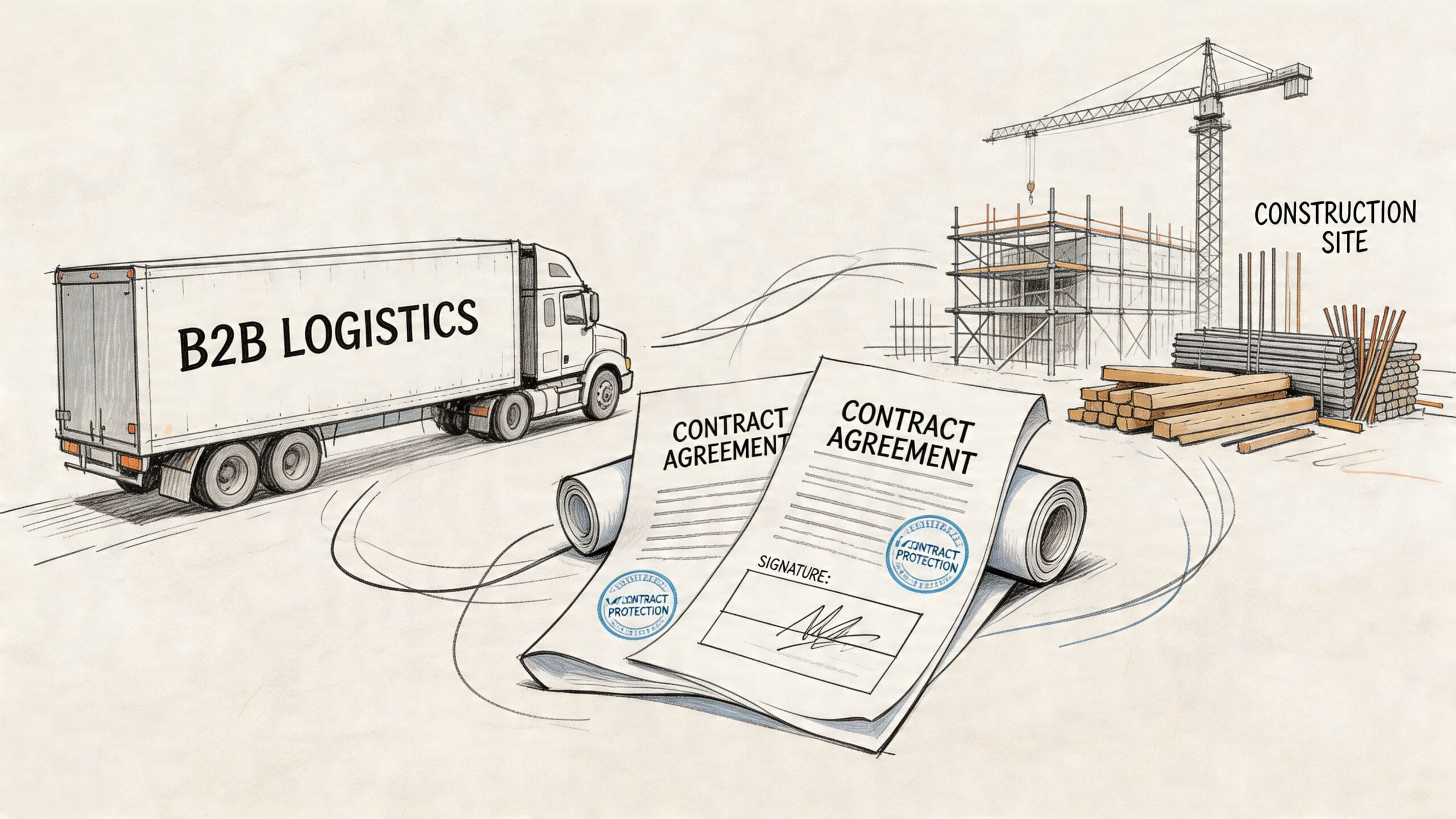 Ilustración de un camión de carga, documentos de contrato y una obra en construcción activa.