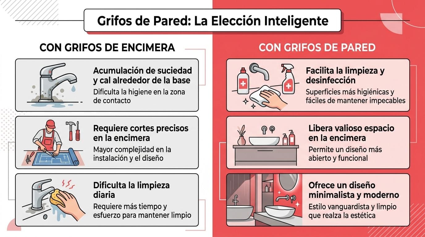 Infografía comparativa mostrando las ventajas de instalar grifos de pared frente a los tradicionales grifos de encimera.