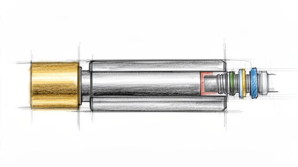 Diagrama detallado de un componente interno de un grifo de pared con diversas juntas y piezas metálicas.