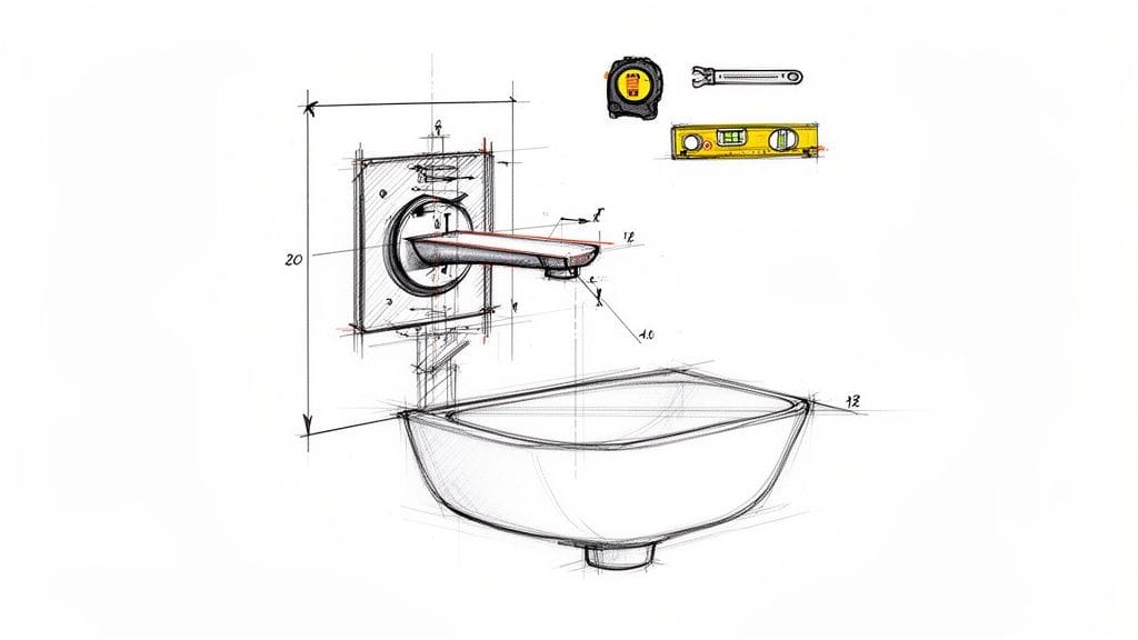 Un boceto técnico de un grifo de pared instalado sobre un lavabo con herramientas de medición