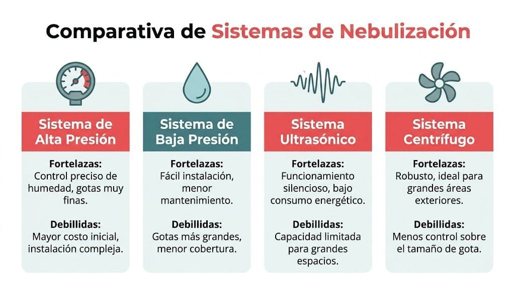 Tabla comparativa de diversos sistemas de nebulización de agua mostrando ventajas y desventajas de cada tecnología.