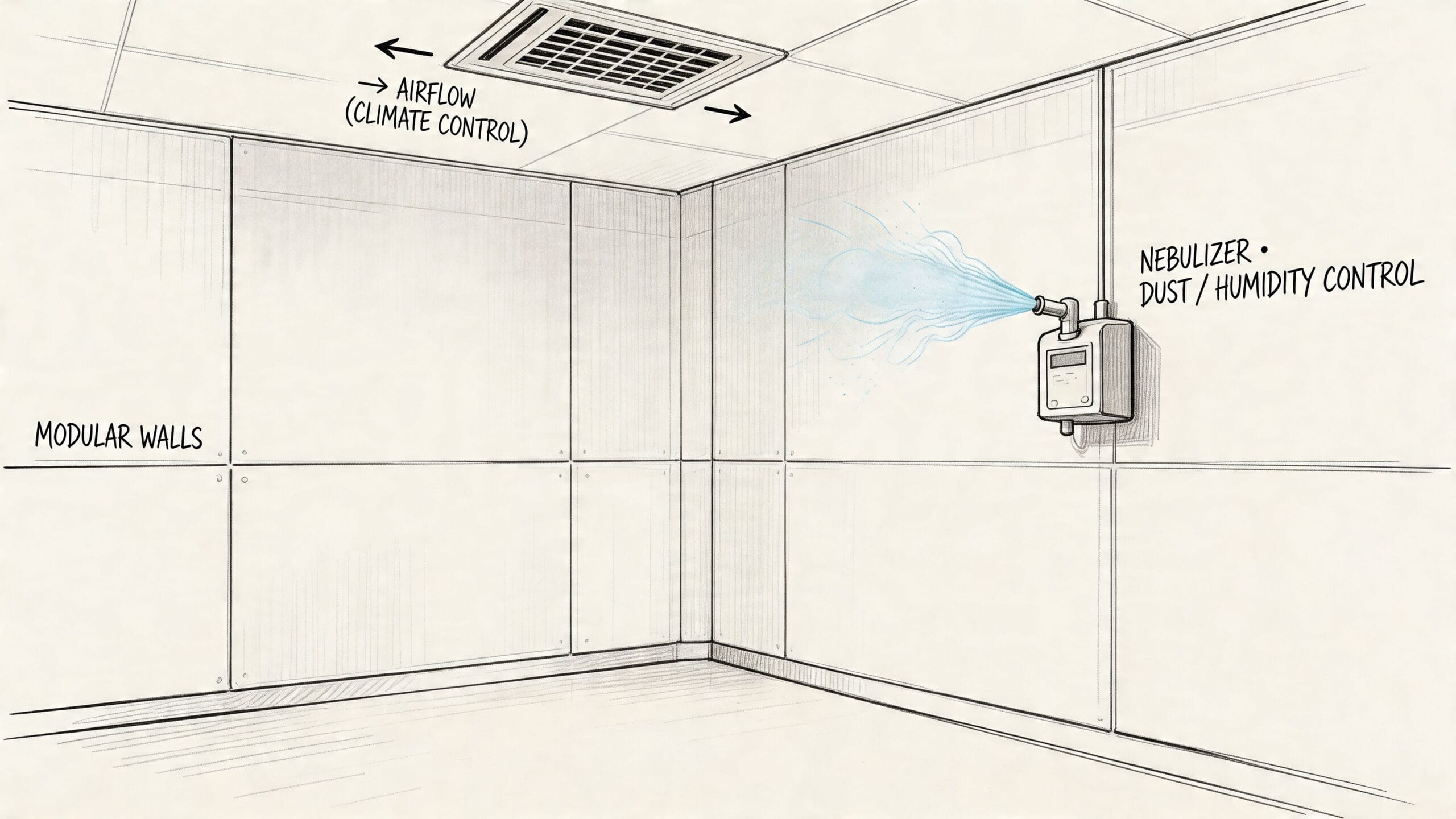 Diagrama técnico de una habitación con paredes modulares, sistema de climatización y un nebulizador de control ambiental.