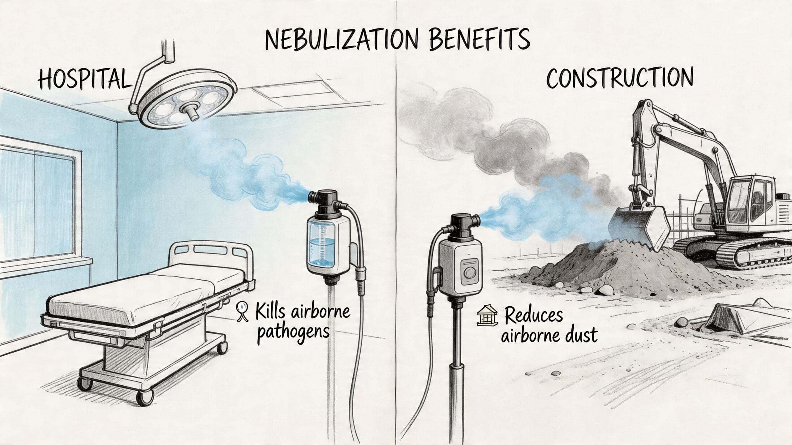 Imagen ilustrativa sobre los beneficios de los nebulizadores de agua en entornos hospitalarios y de construcción.