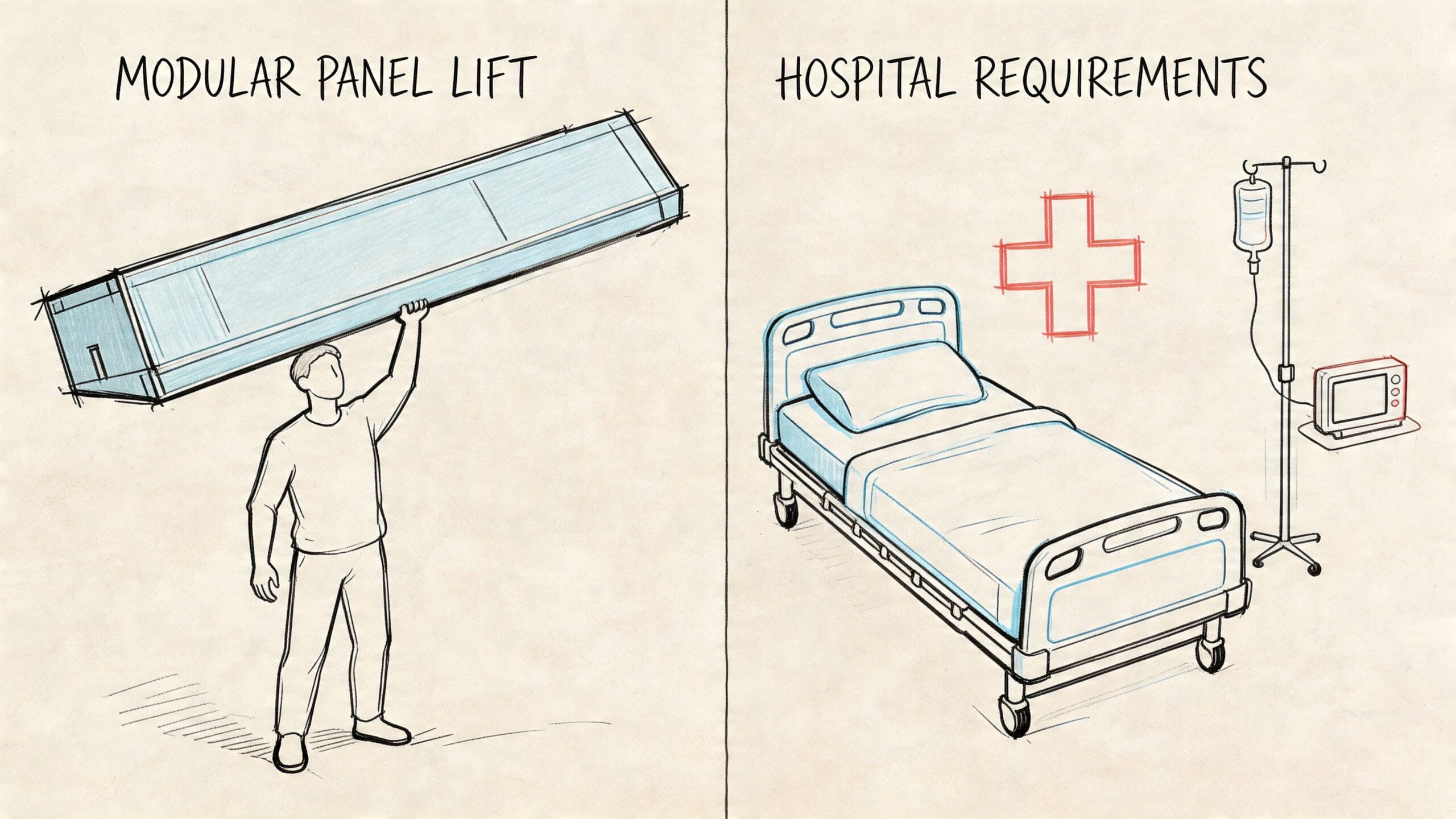 Comparativa entre la elevación de un panel modular y los requisitos básicos de equipamiento hospitalario.