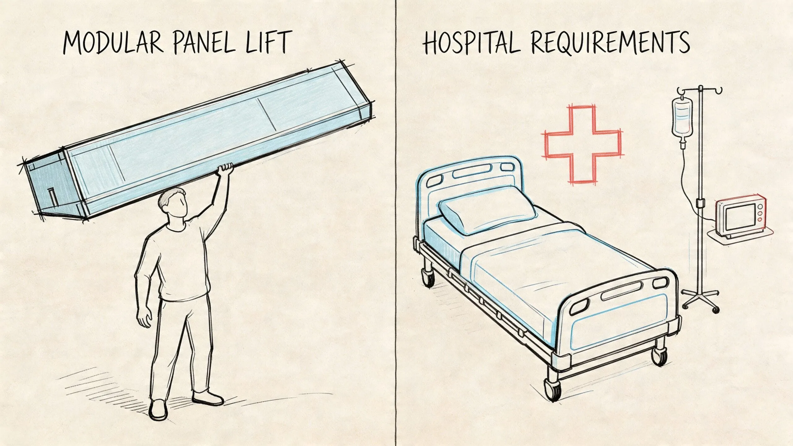Comparativa entre la elevación de un panel modular y los requisitos básicos de equipamiento hospitalario.