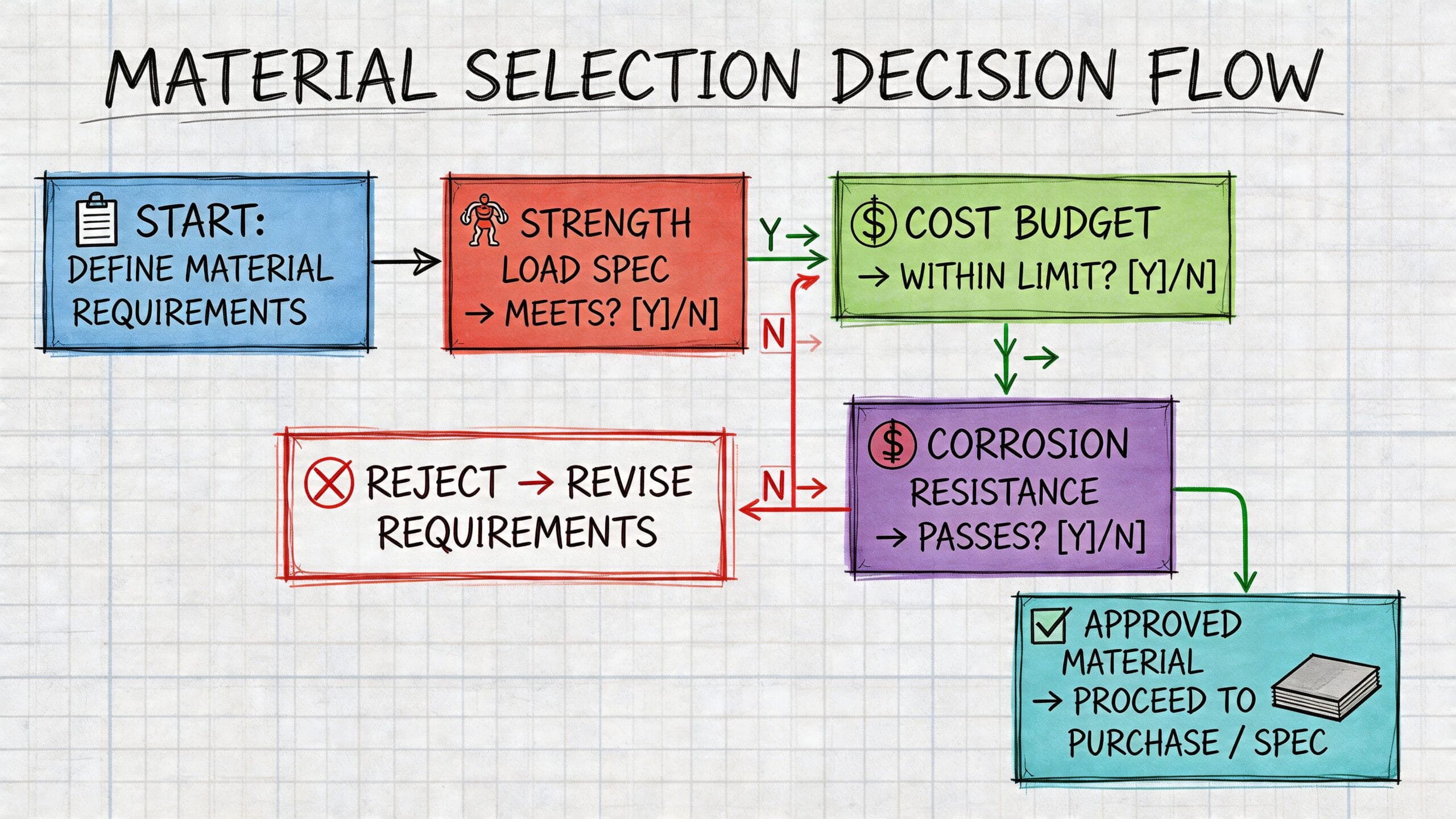 Diagrama de flujo que ilustra el proceso de decisión para la selección de materiales industriales adecuados.