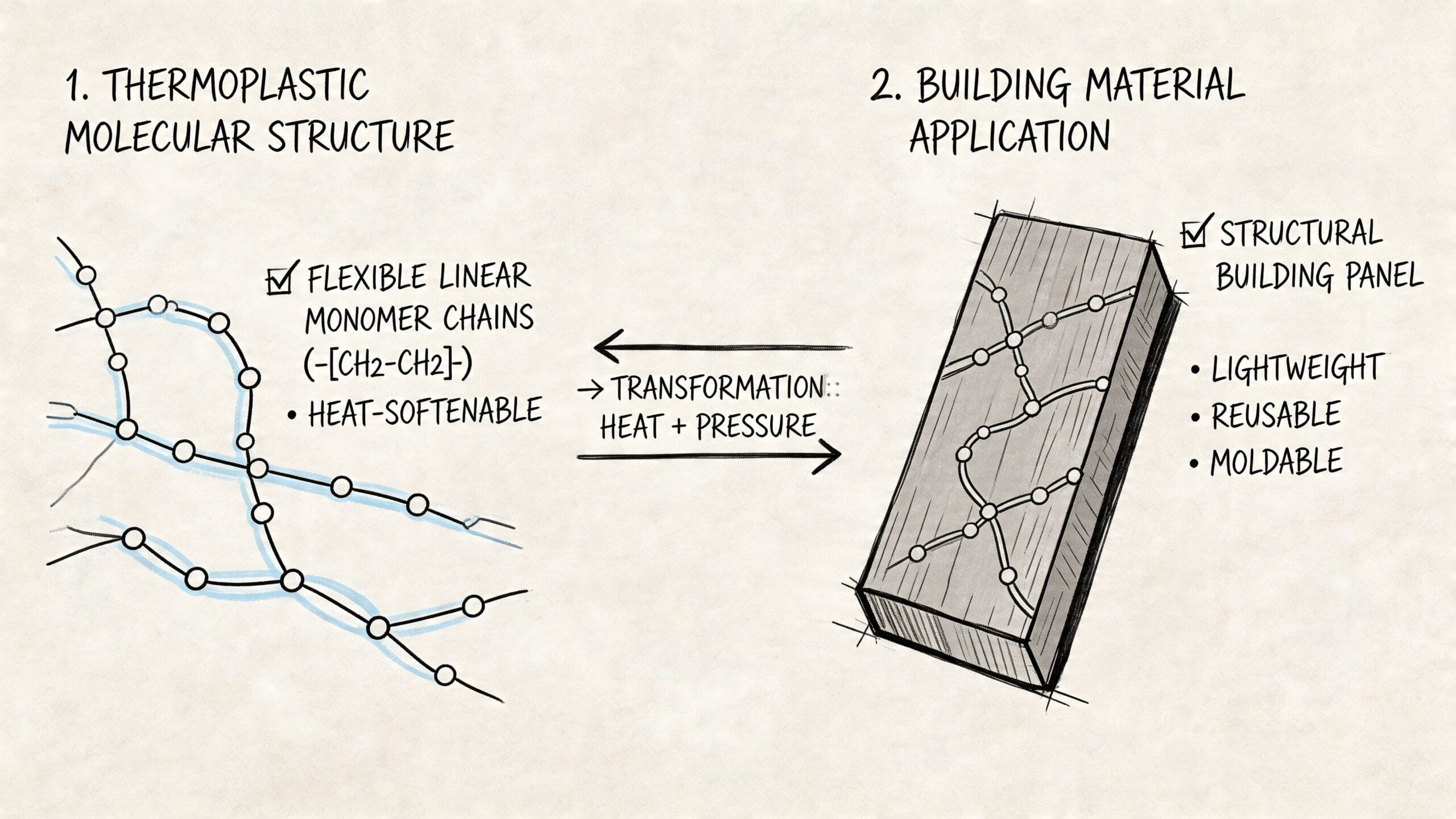 Diagrama que ilustra la estructura molecular y la transformación del poliestireno en paneles de construcción reciclables.