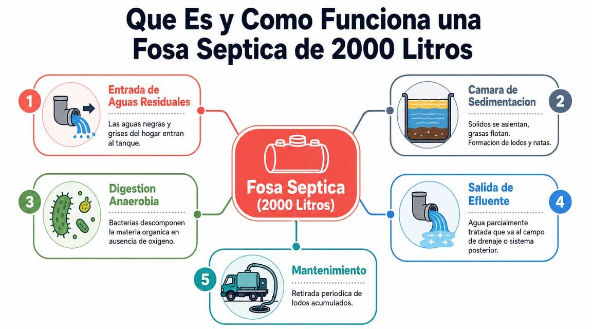 Diagrama explicativo sobre el funcionamiento de una fosa séptica de 2000 litros y sus etapas de tratamiento.