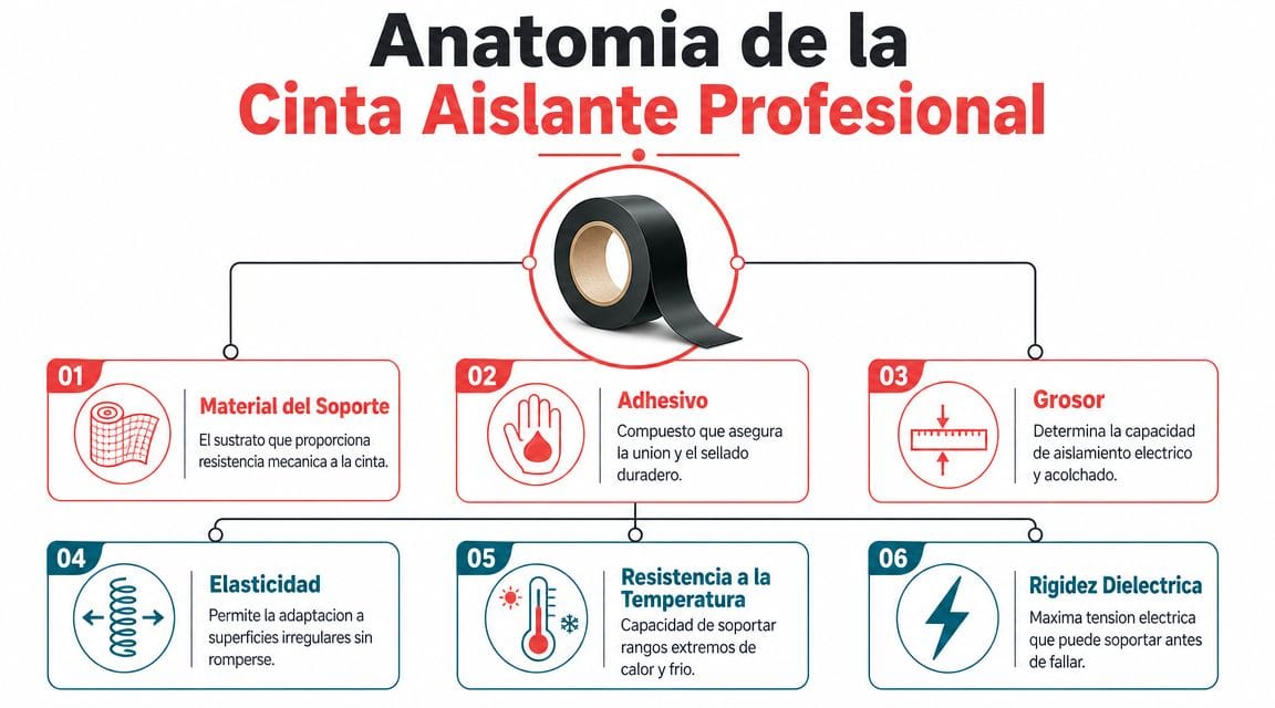 Diagrama detallado que explica la anatomía y las características técnicas esenciales de una cinta aislante profesional negra.