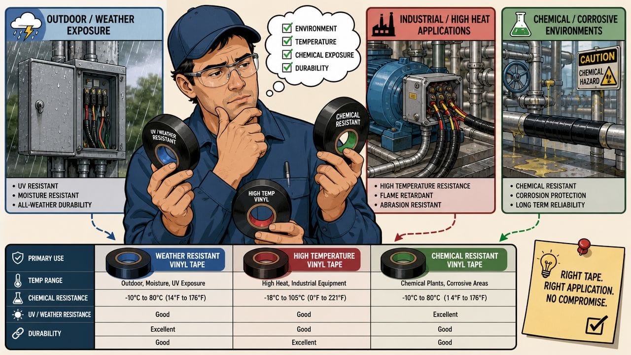 Trabajador industrial evaluando diferentes tipos de cinta aislante negra según el entorno y la aplicación específica.