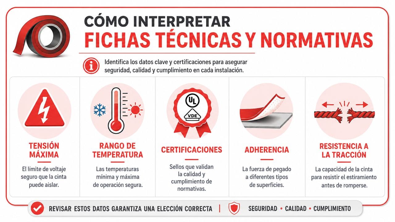 Infografía sobre cómo interpretar las fichas técnicas y normativas de seguridad en cintas aislantes eléctricas.